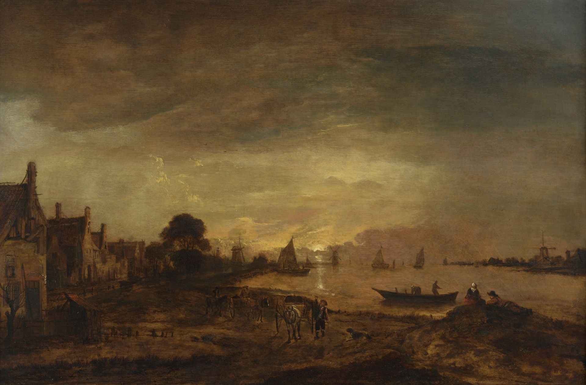 Aert van der NEER (Gorinchem 1603 Amsterdam 1677) 
夕阳下的河口景观与步行者的关系 
镶木板。 
右下角有AV&hellip;