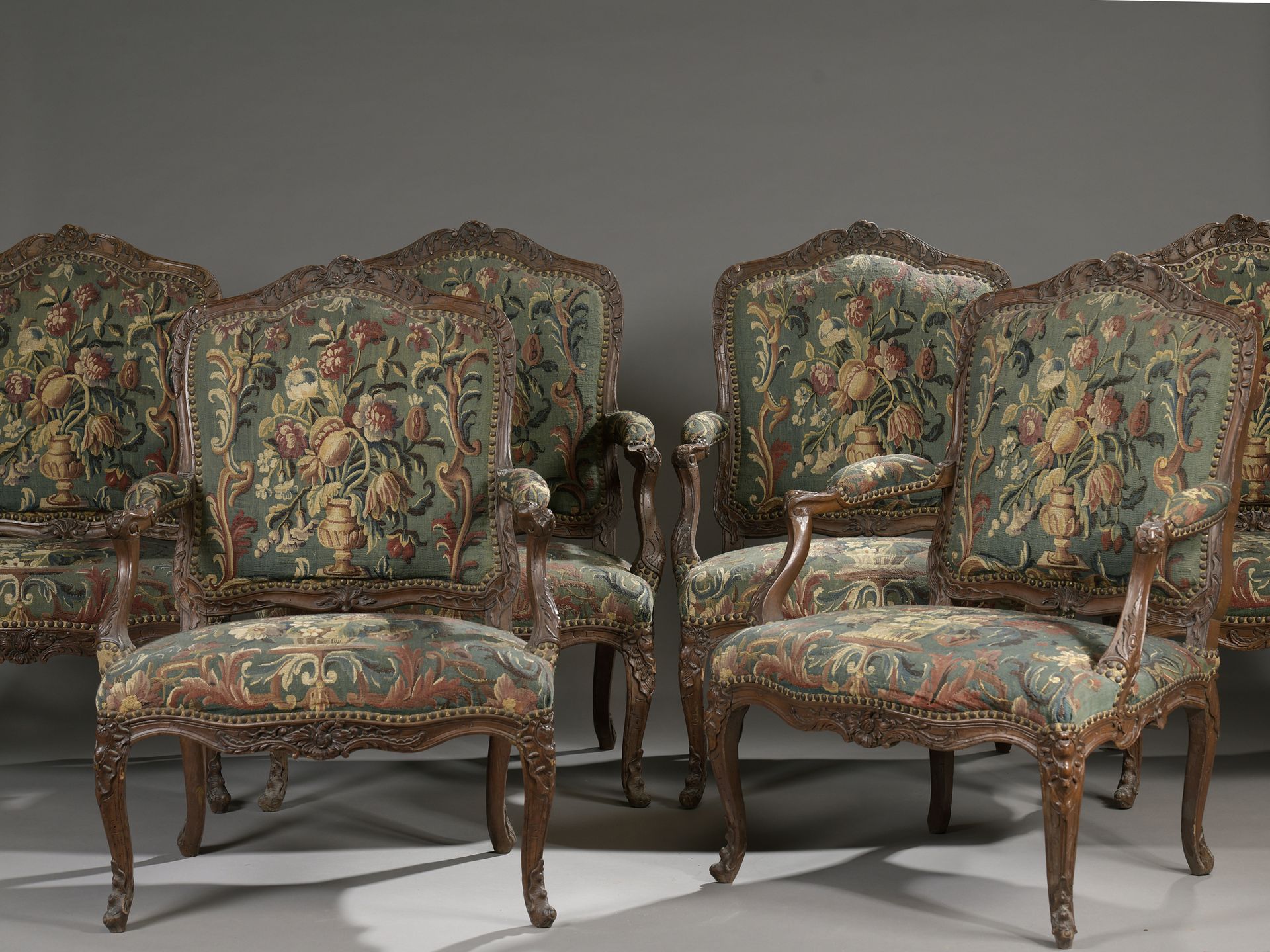 RARE SET OF SIX FLAT BACKED BEECH ARMCHAIRS, molded and carved, with foliage car&hellip;