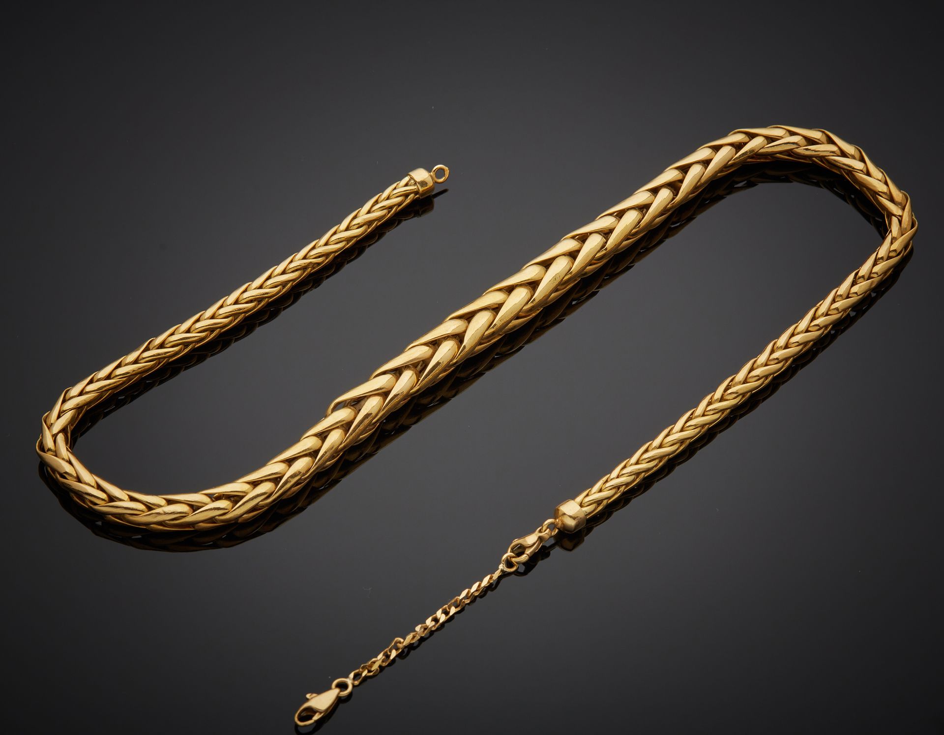 Null 铰链式项链，18K黄金750‰，滴耳网。龙虾扣和链条可以延长它。变形、事故和凹痕。

长43厘米，链条5.50厘米 毛重27.60克