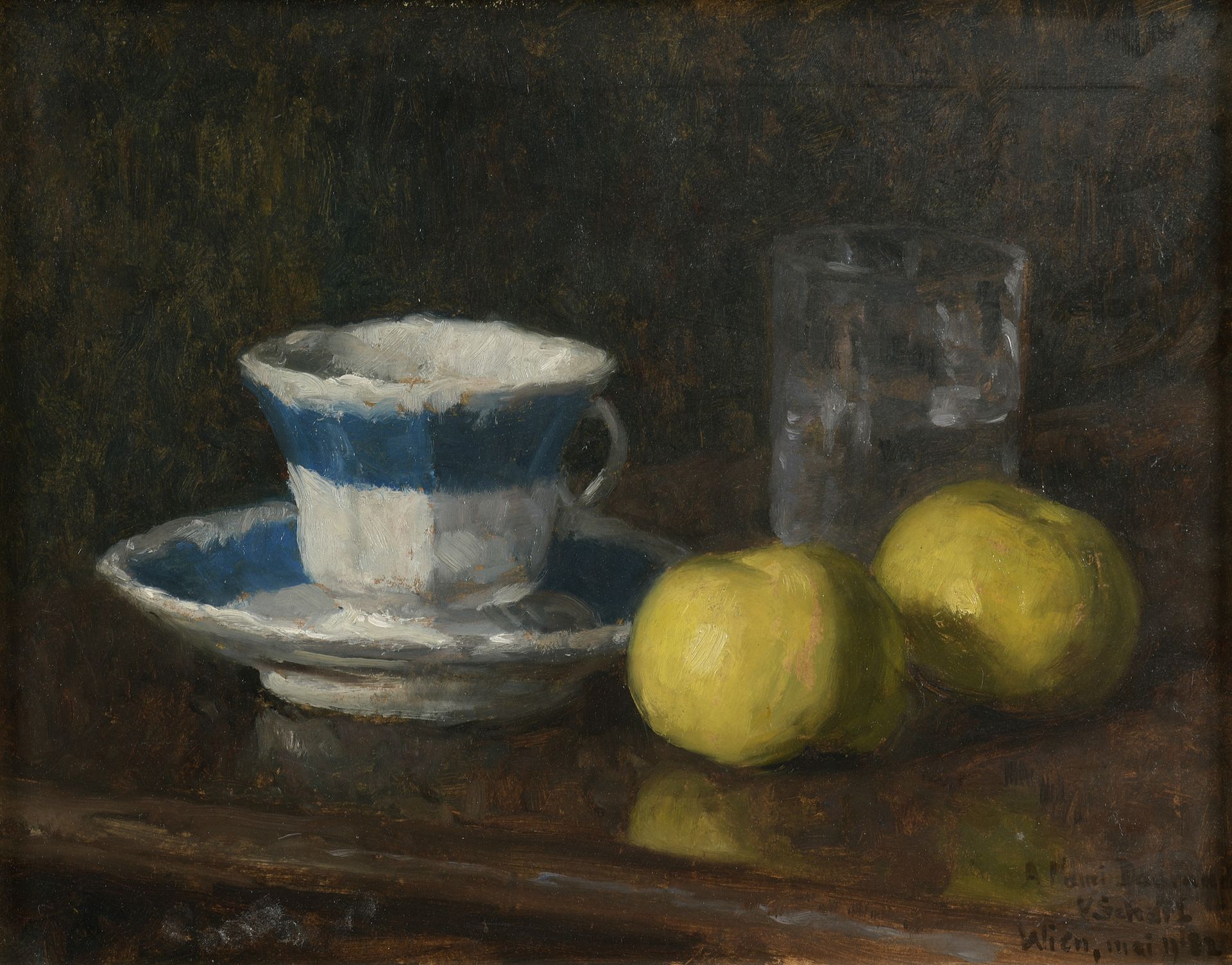 Null 维克多-夏尔夫(1872-1943)

杯子和苹果的静物画

纸板上的油彩。

右下方有签名。献给 "朋友杜兰，V.沙夫，维也纳，5月32日"。

2&hellip;