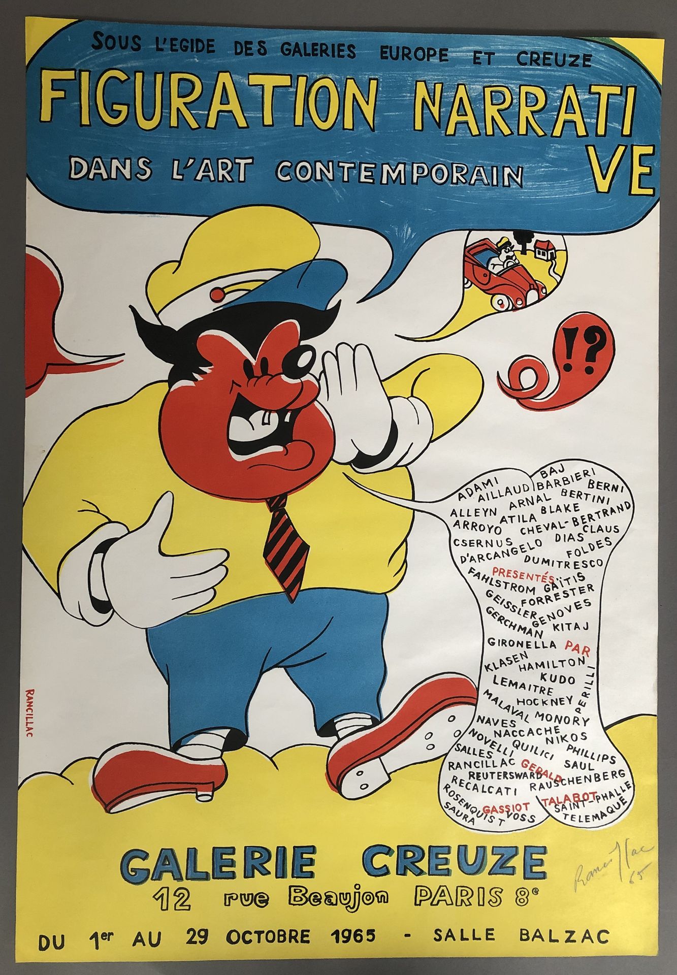Null Creuze画廊 "当代艺术中的叙事形象 "展览的海报，由Bernard Rancillac指导，巴黎，1965年。

右下方有铅笔签名和日期。

7&hellip;
