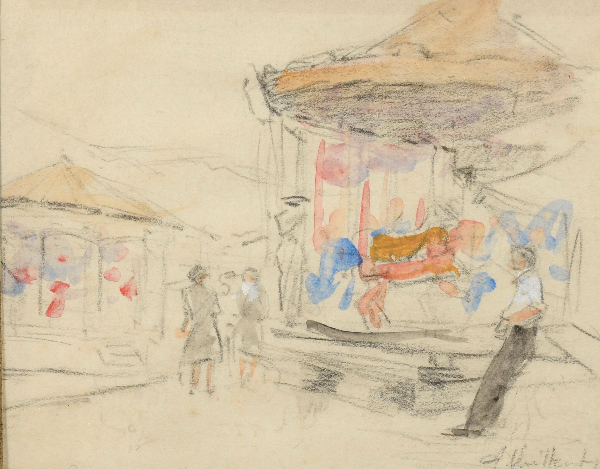 Null 奥古斯特-维耶莫 (1883-1970)

卡鲁塞尔和中心咖啡馆

铅笔线上的两幅水彩画。

右下方有签名。

画框背面有工作室的印记（？

每个10&hellip;