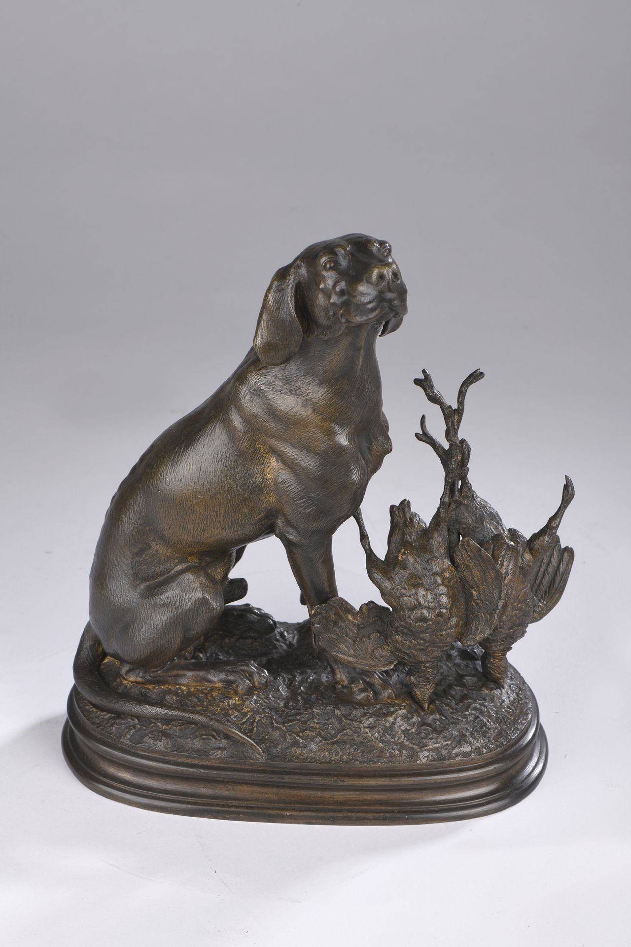 Null Ferdinand Pautrot (1832-1874) 

Dog with pheasants

Bronze with brown patin&hellip;