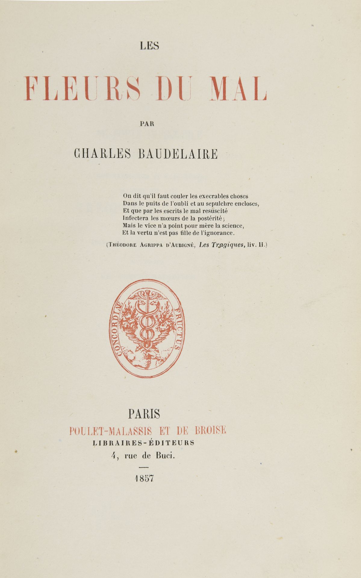 Null BAUDELAIRE (Charles). Les Fleurs du Mal. París [y Alençon], Poulet-Malassis&hellip;
