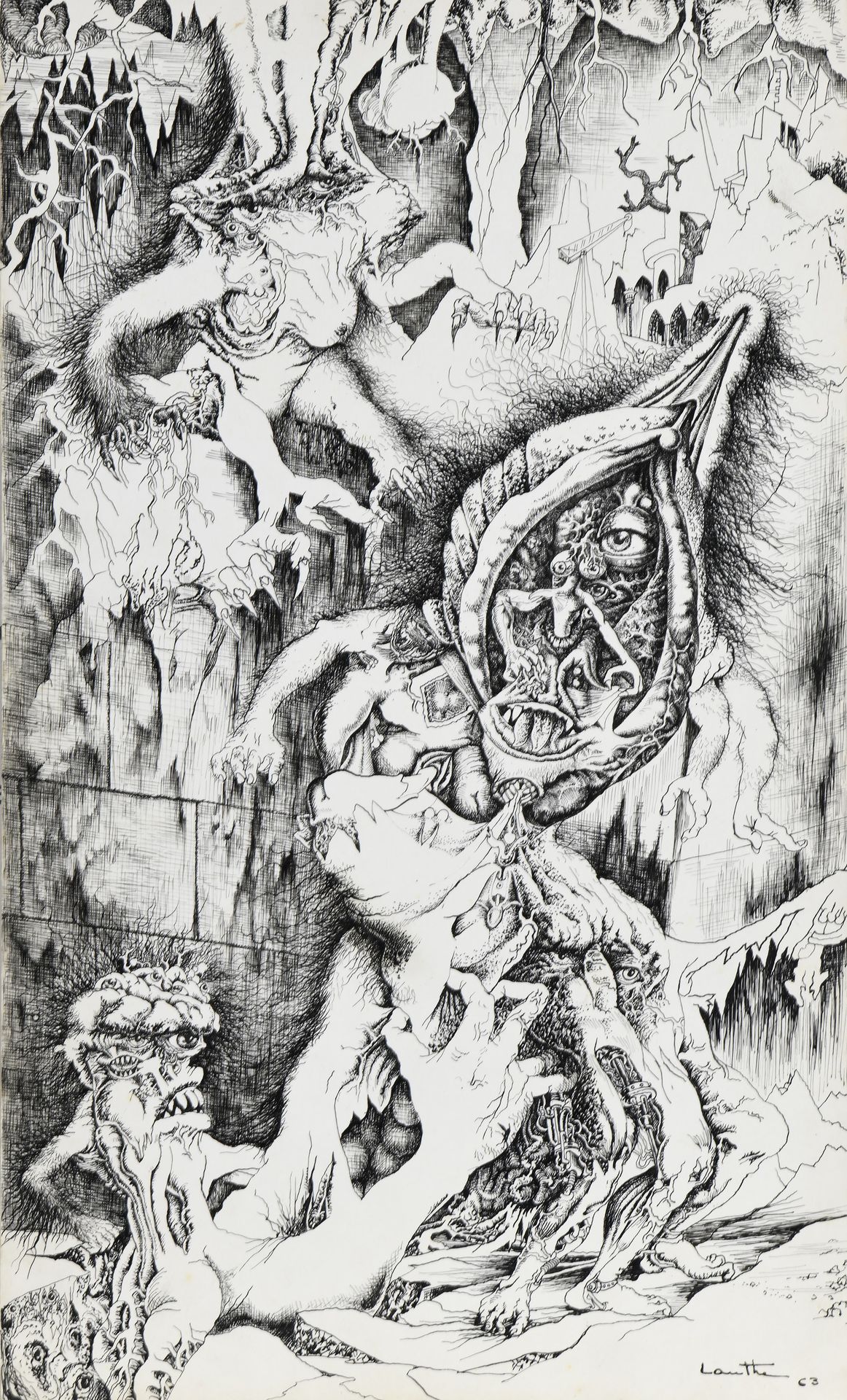Null Jean LAUTHE (1918-1982)
无题》，1963年
纸板上的水墨画（钢笔），右下角有签名和日期。
46,5 x 28 cm