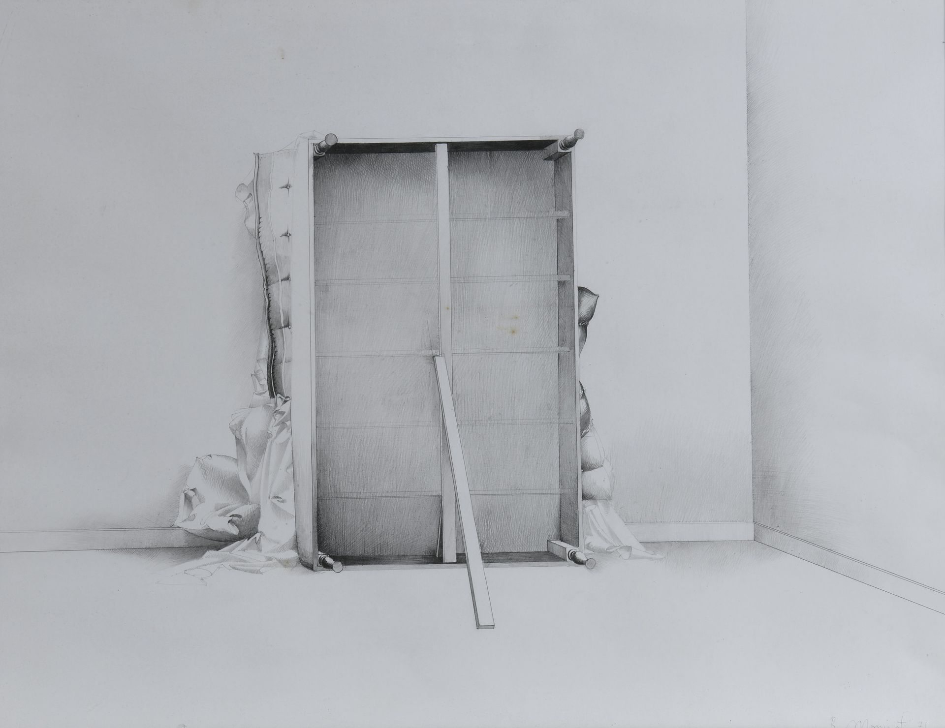 Null 伯纳德-莫尼诺（生于1949年） 
竖立的床，1971年 (法语)
石墨画，右下角有签名和日期，标题和日期贴在裱框背面的标签上。非常轻微的晕染。
48&hellip;