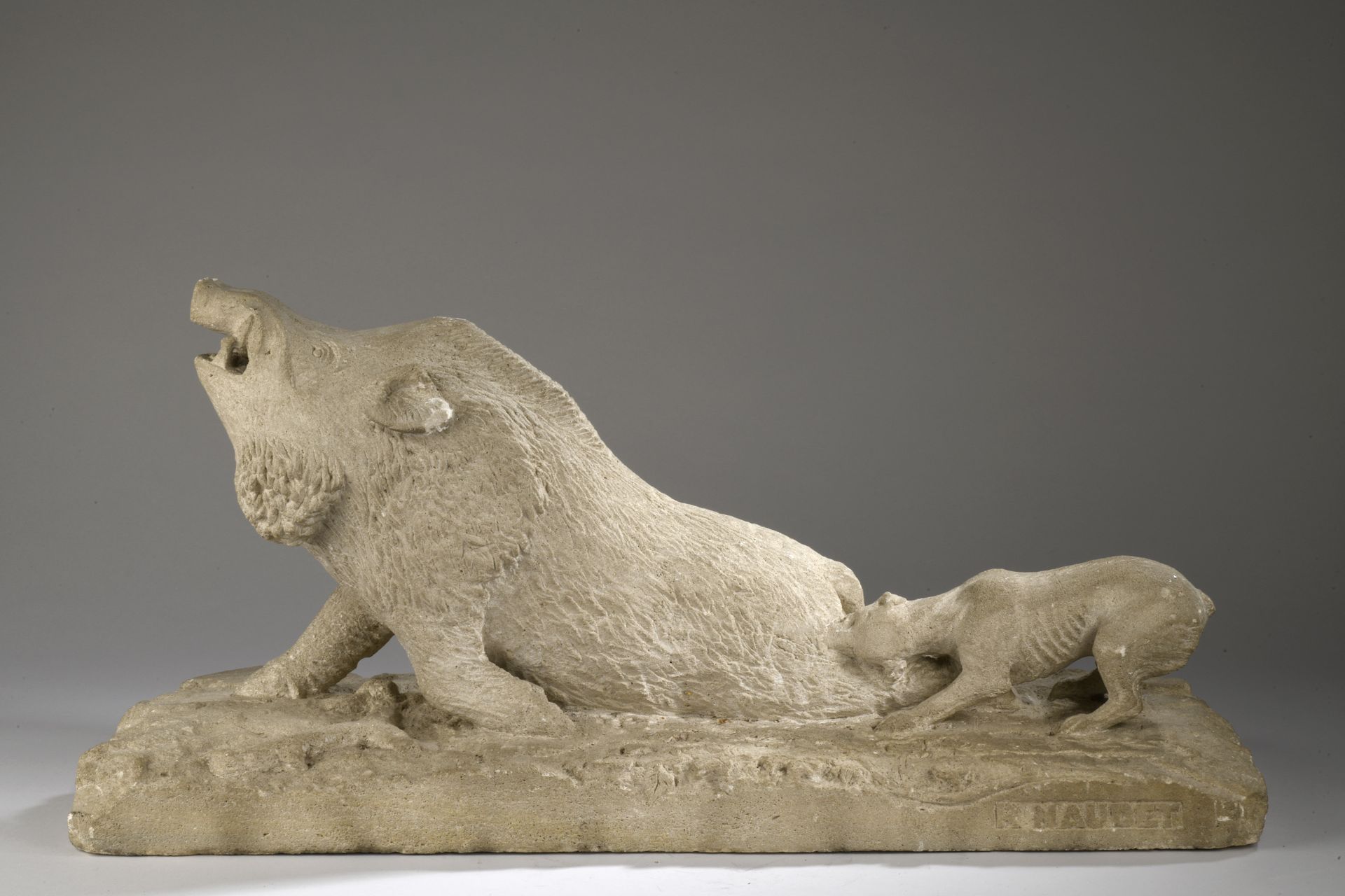 Null R. Naudet (active circa 1900)
Wild boar attacked by a dog 
Stone sculpture &hellip;