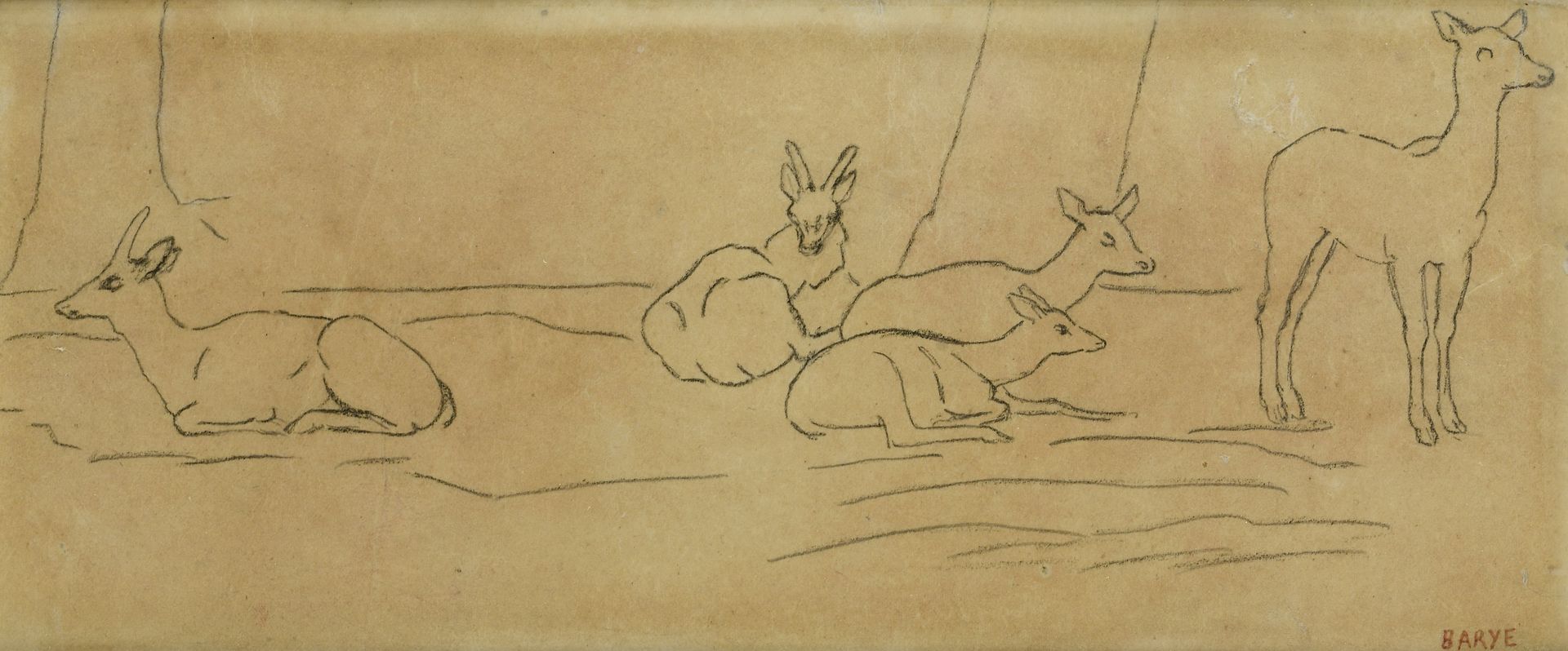 Null 安东尼-路易-巴耶 (1795-1875) 
达盖茨和卧床的海德
铅笔画
右下方有红色墨水印 "BARYE"。
高10×宽24.5厘米，装在高30.5&hellip;