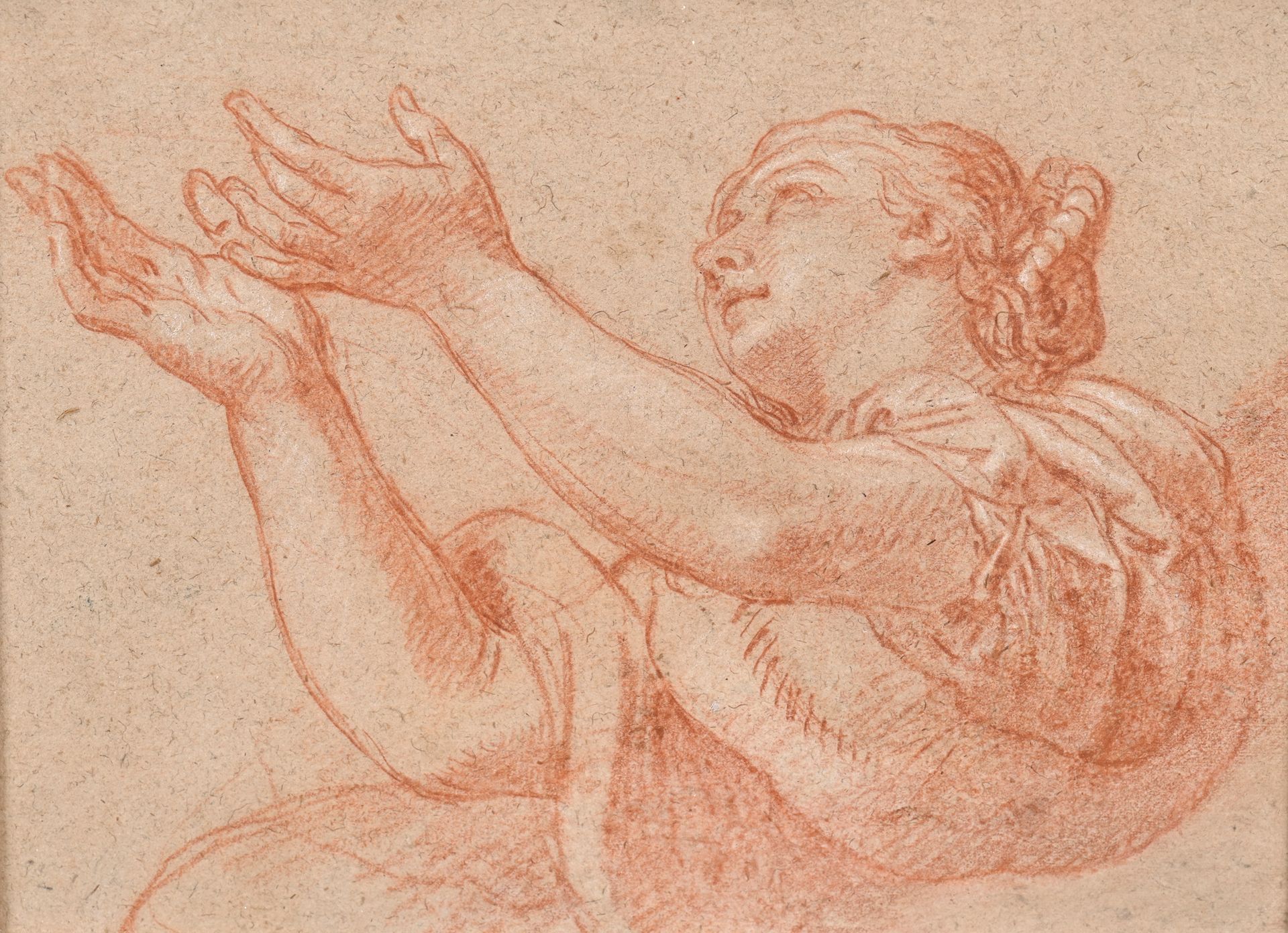 Null 查尔斯-德-拉弗塞（1636-1716 年，巴黎）
伸出双手的女性侧面
米色纸张上的胭脂红和白色高光
背面用钢笔刻有 4l3（？）
右下角已修复。
1&hellip;