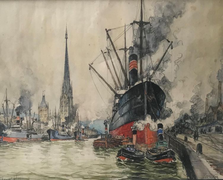 Null FRANK-WILL (1900-1950)
Port de Rouen.
Aquarelle sur traits de crayon, signé&hellip;