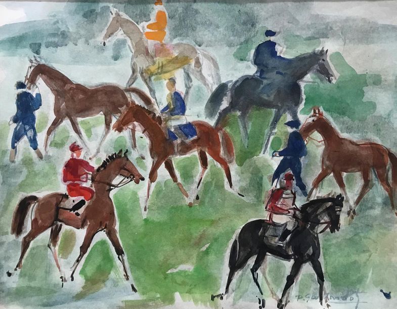 Null Pierre GAILLARDOT (1910-2002)
Jockeys et chevaux
Aquarelle sur papier 
Sign&hellip;