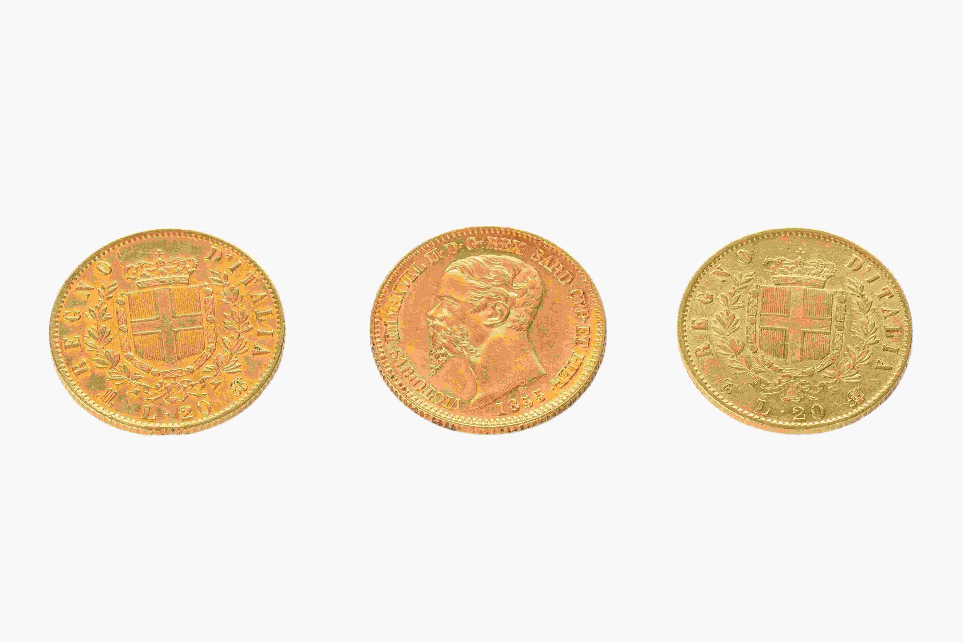 Null 
	Three 20 Lire Gold Coins Victor Emmanuel II - Union Latine, 1855, 1865, 1&hellip;