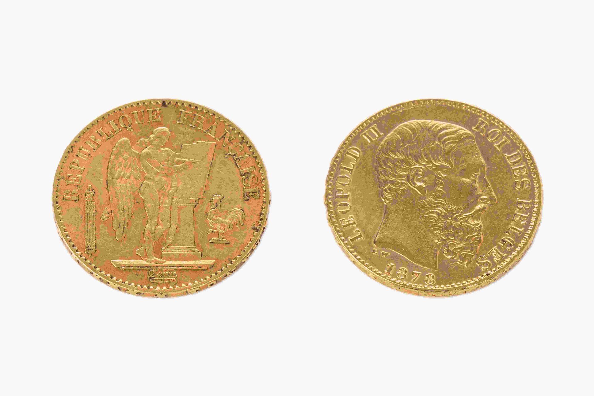 Null 
	Una moneda de oro de 20 FR República Francesa, 1877. Peso : 6,43 gramos. &hellip;