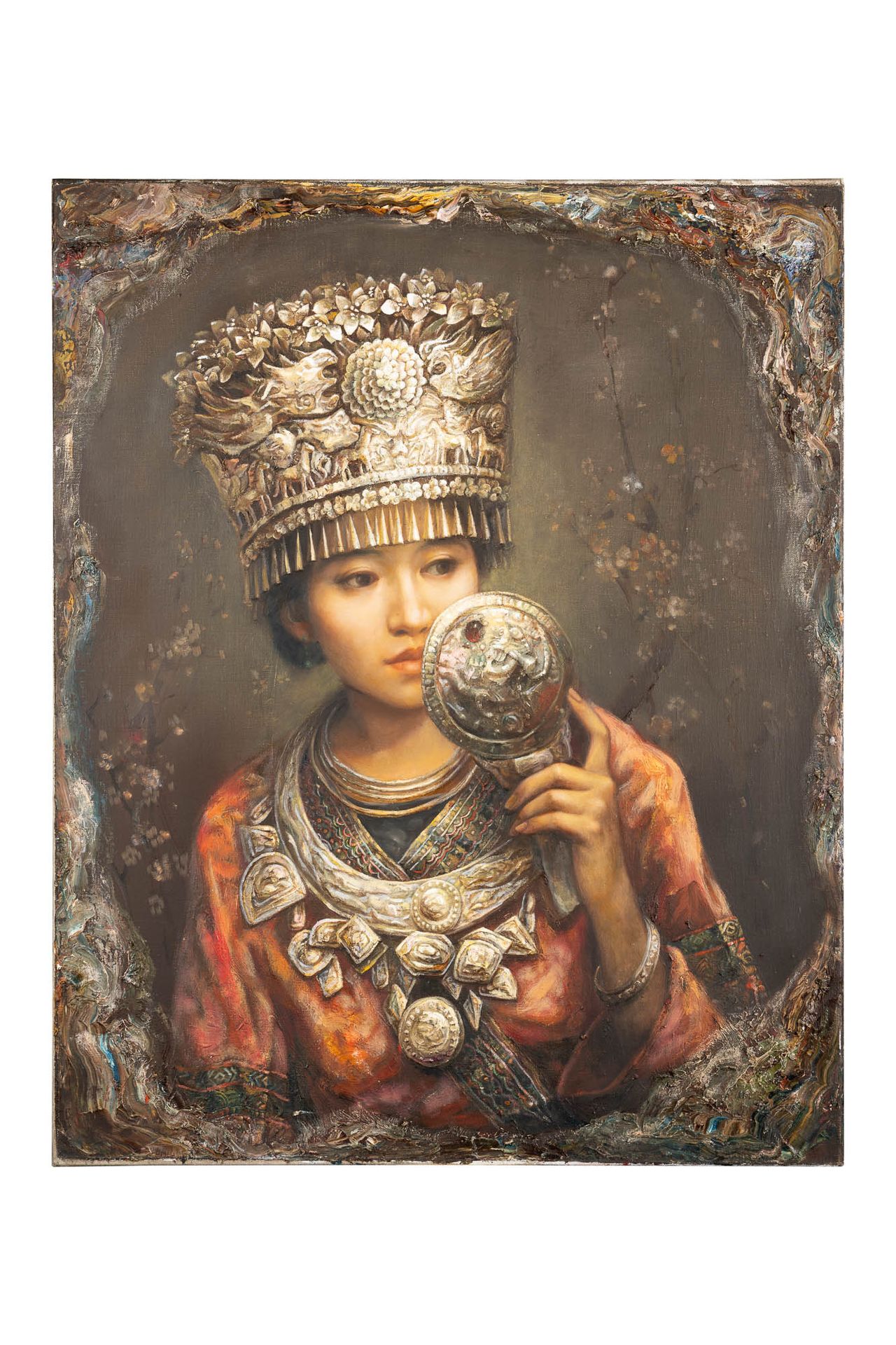 Null 
	赵春（1970年）的画作《镜子》，描绘了一位身着传统服饰的苗族（中华人民共和国的一个少数民族）年轻女子，她身上有丰富的刺绣，佩戴着银色的首饰和装饰&hellip;