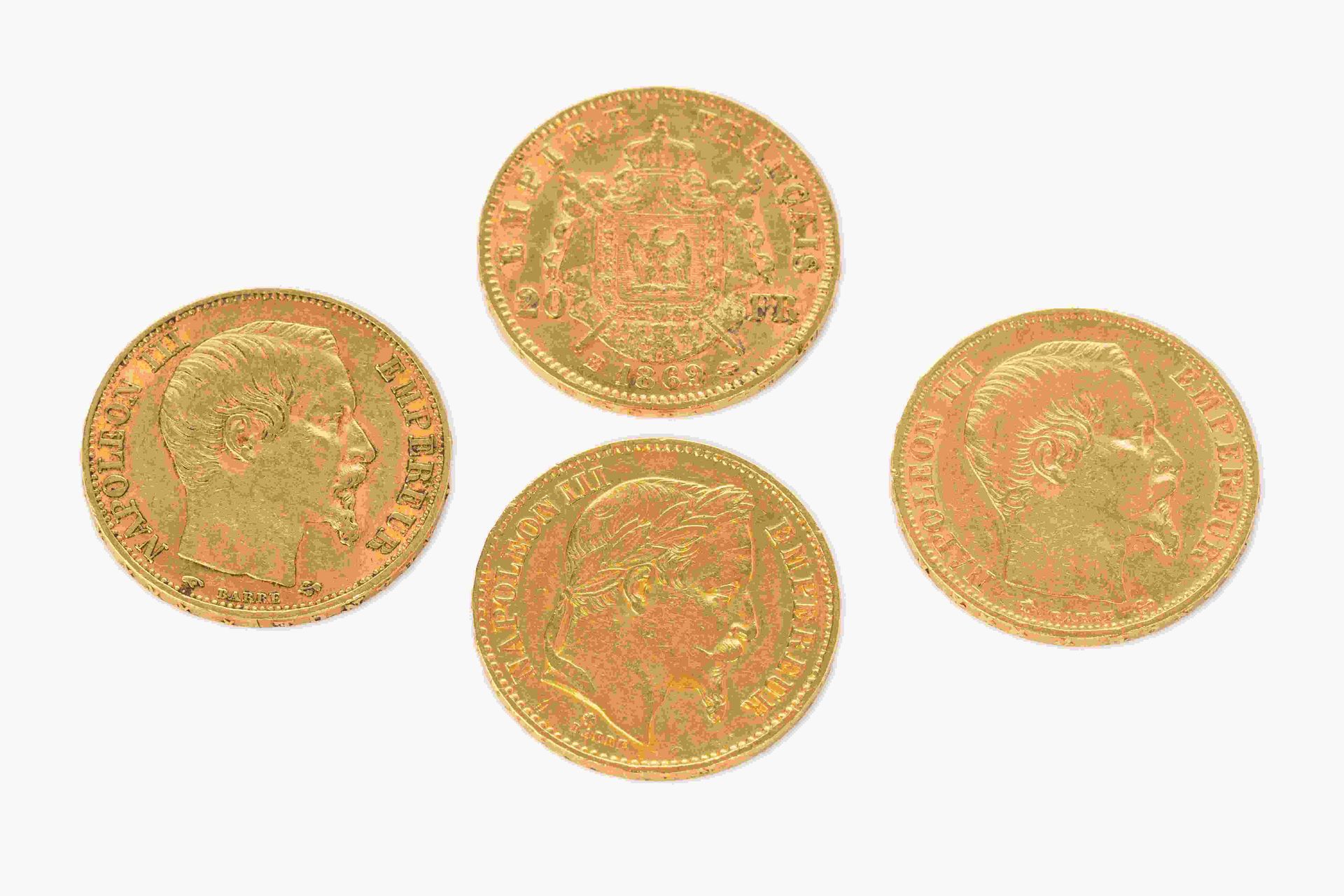 Null 
	Cuatro monedas 20 FR oro Napoleón, 1859, 1860, 1869. Peso : 25,57 gramos.&hellip;