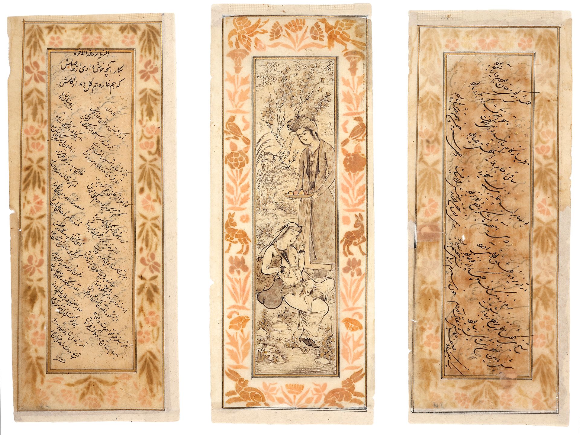 THREE MINIATURE PAGES, QAJAR, IRAN, 19TH CENTURY 三页，一页描绘了风景中的一对夫妇，两页有诗。

铅笔和钢笔在纸&hellip;