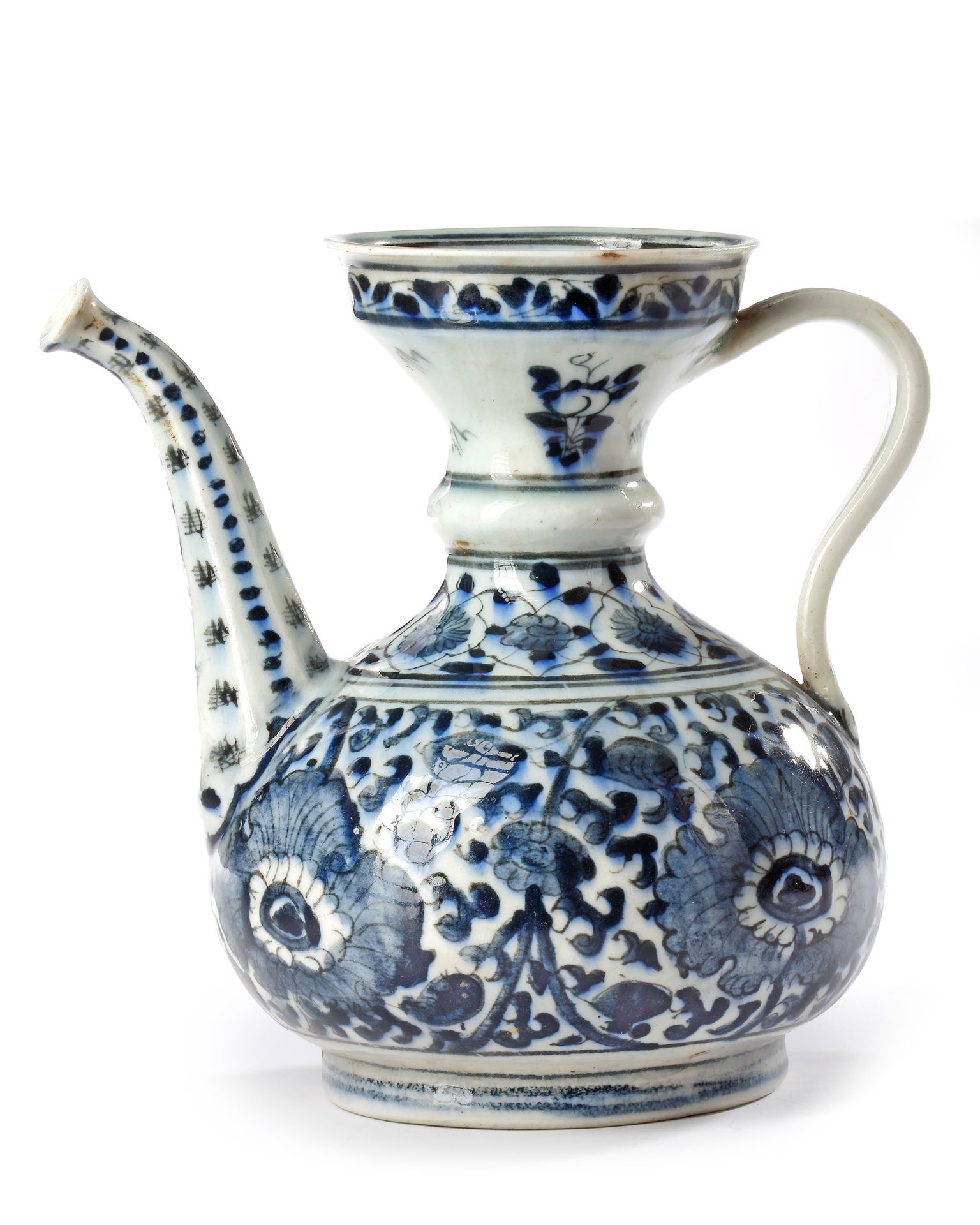 A SAFAVID BLUE, BLACK AND WHITE EWER, PERSIA, 18TH CENTURY Of globular form risi&hellip;