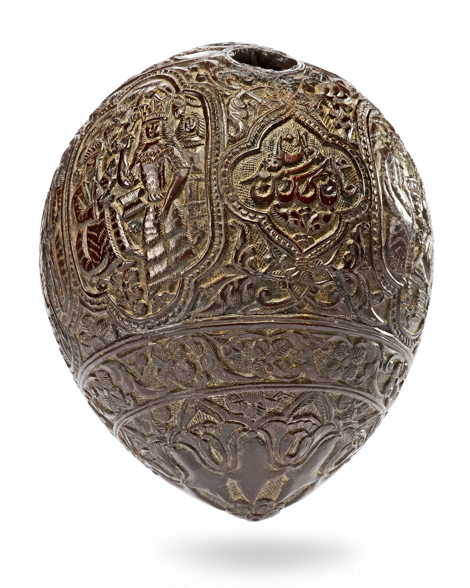 A QAJAR CARVED COCONUT HUQQA BASE, PERSIA, EARLY 19TH CENTURY Of ovoid form with&hellip;
