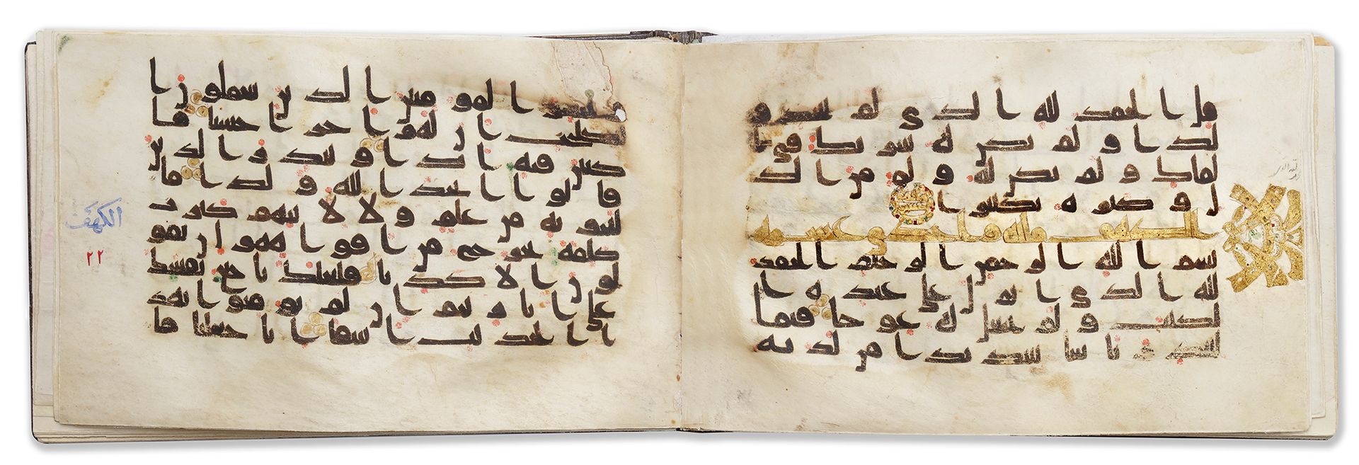 A KUFIC QURAN SECTION NEAR EAST OR NORTH AFRICA, 9TH CENTURY 牛皮纸上的阿拉伯文手稿，33页，每页9&hellip;