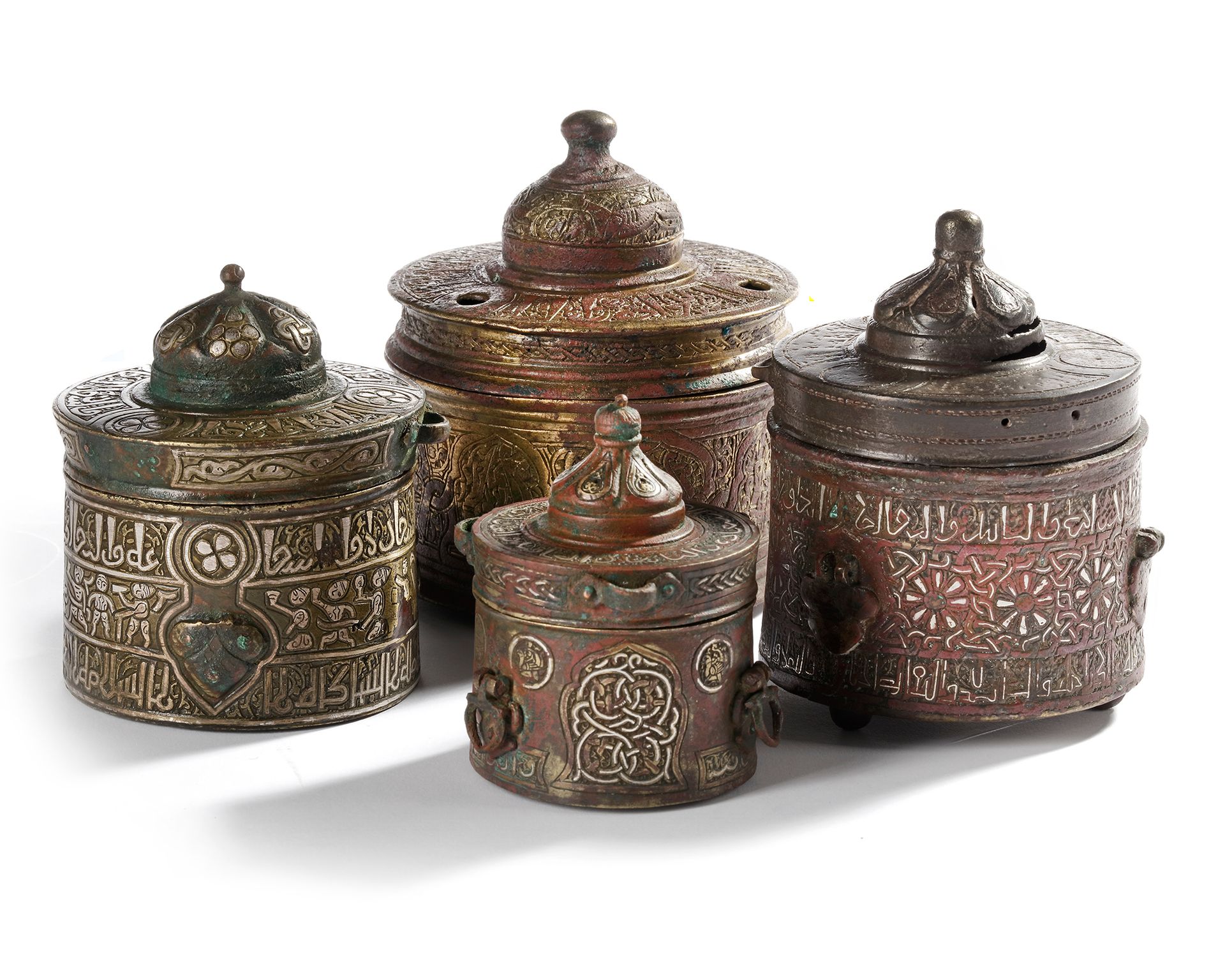 FOUR KHURASAN SILVER- INLAID BRONZE INKWELLS, 12TH-13TH CENTURY Of cylindrical f&hellip;