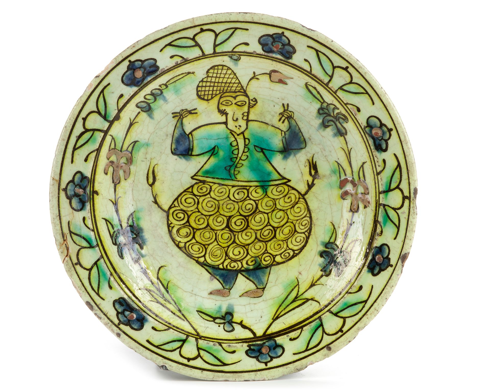 AN IZNIK FIGURAL POTTERY DISH, TURKEY, 17TH CENTURY Di forma arrotondata poco pr&hellip;