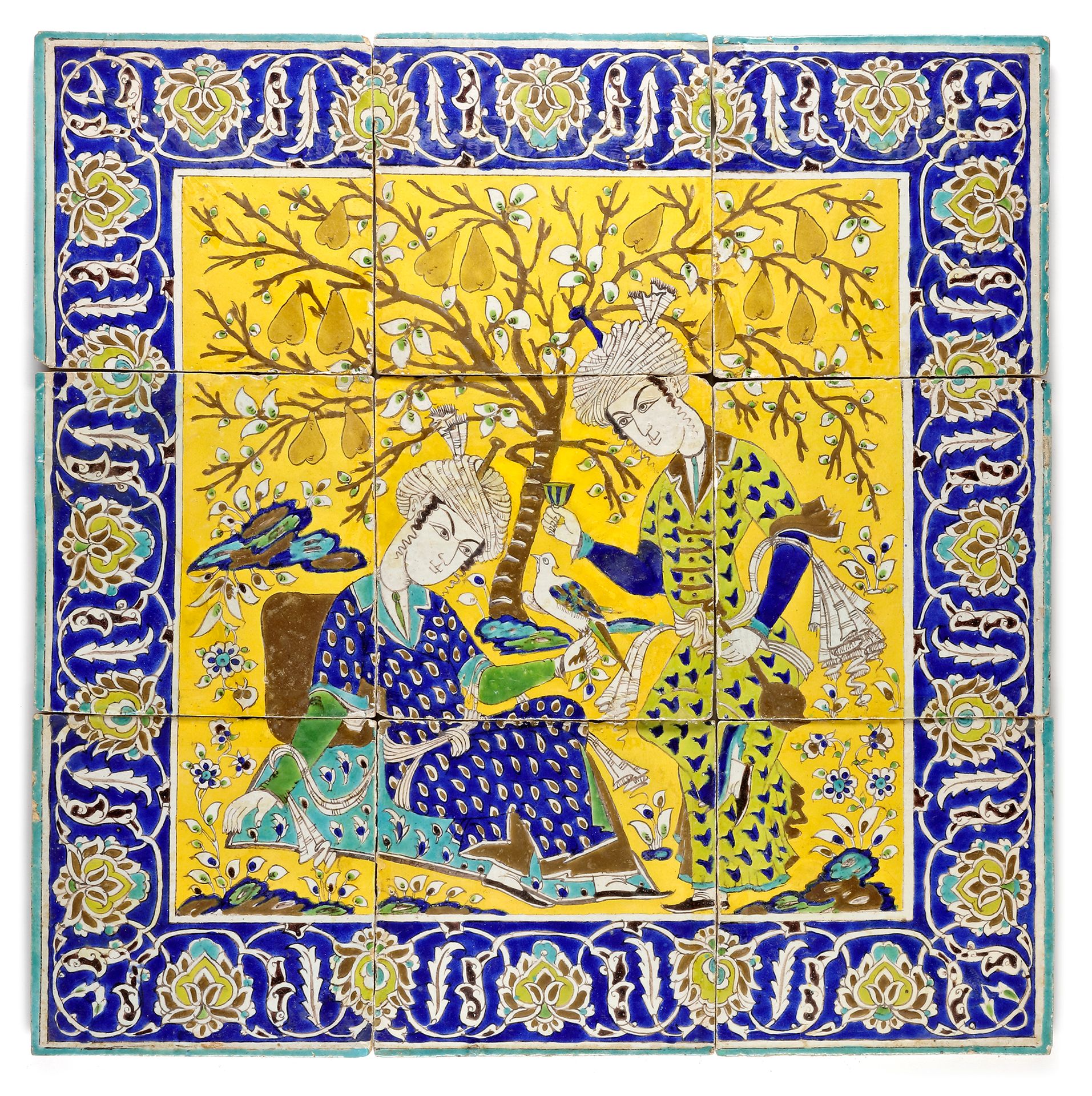 A QAJAR CUERDA SECA POTTERY TILE PANEL, PERSIA, 19TH CENTURY Céramique à décor p&hellip;