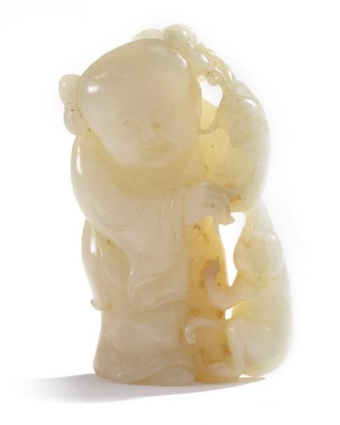 A Chinese pale cream jade 'boy and monkey' group The piece is carved and pierced&hellip;