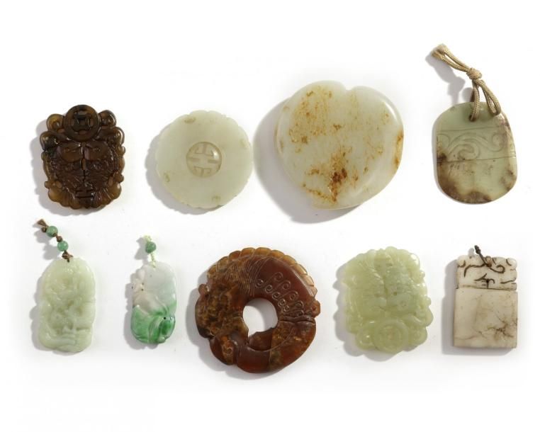 A group of nine Chinese jade objects The group comprises six jade plaques, a rus&hellip;