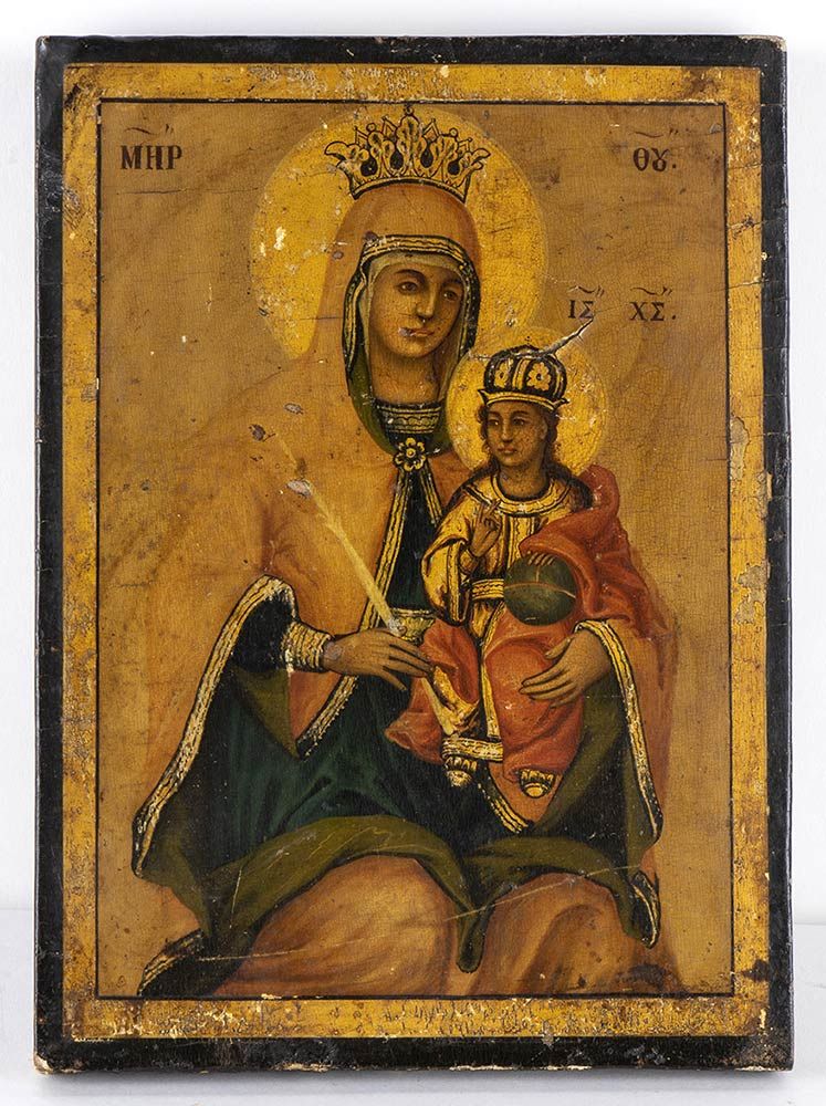 Null 带皇冠的圣母和孩子的圣像-巴尔干半岛，18世纪

木板上的蛋彩画，四部分，描绘带皇冠的圣母和孩子，蛋彩画在面板上。尺寸为24 x 17.5 x 2厘米&hellip;