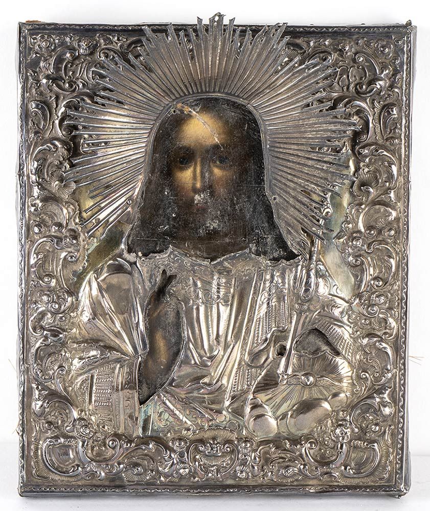 Null Icona russa con oklad d'argento di Cristo Pantocratore - San Pietroburgo 18&hellip;