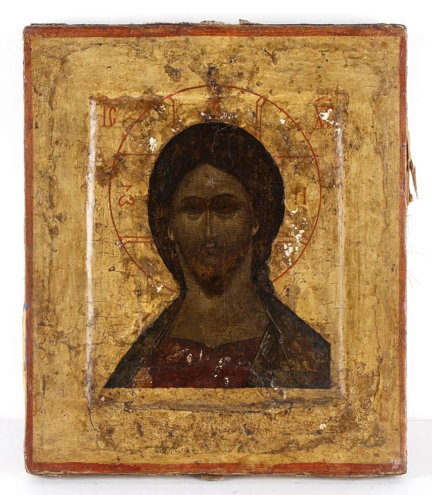 Null 俄罗斯的基督面孔圣像 - 18世纪

木头上的蛋彩画，描绘了基督的面孔。尺寸为27 x 22 x 2.3厘米。物品状况分级。***相当好（缺陷）。