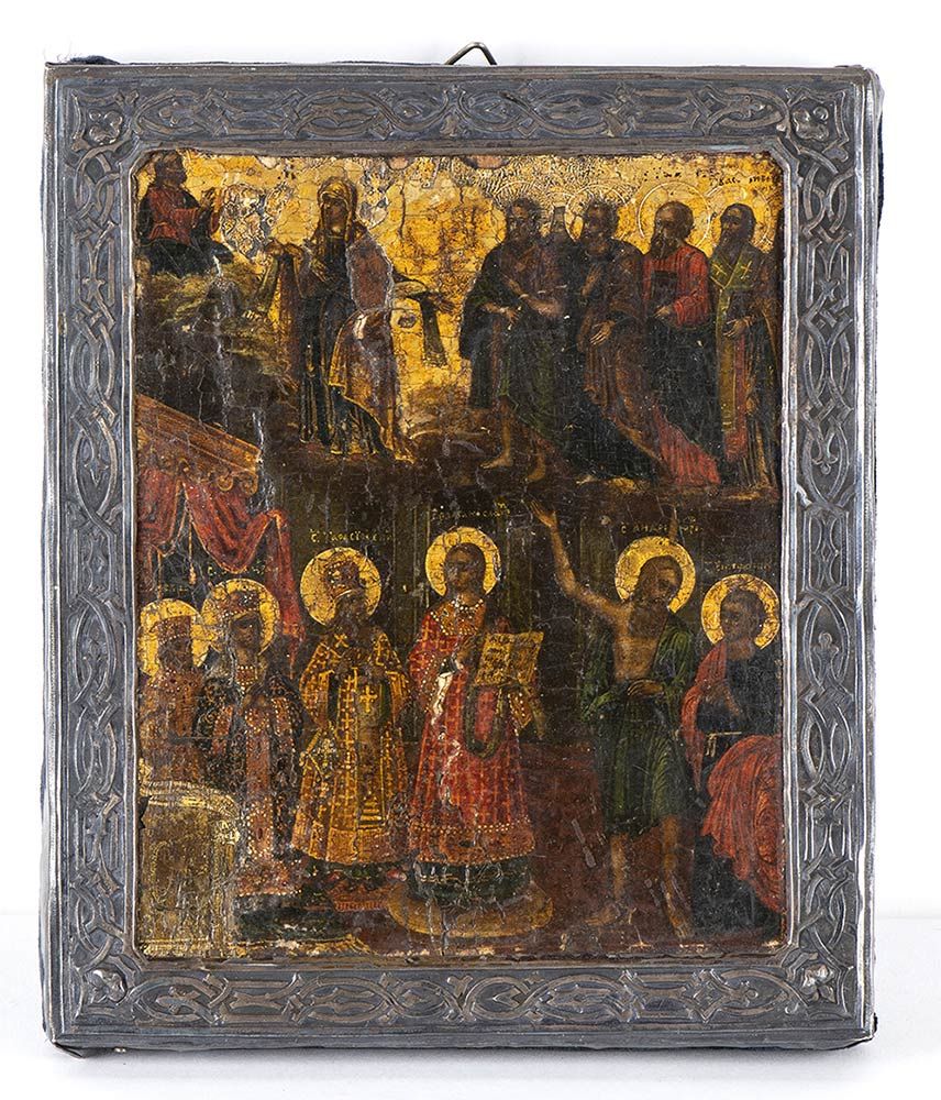 Null Russian icon with silver oklad of Mary in Heaven, Saints and Fathers of the&hellip;