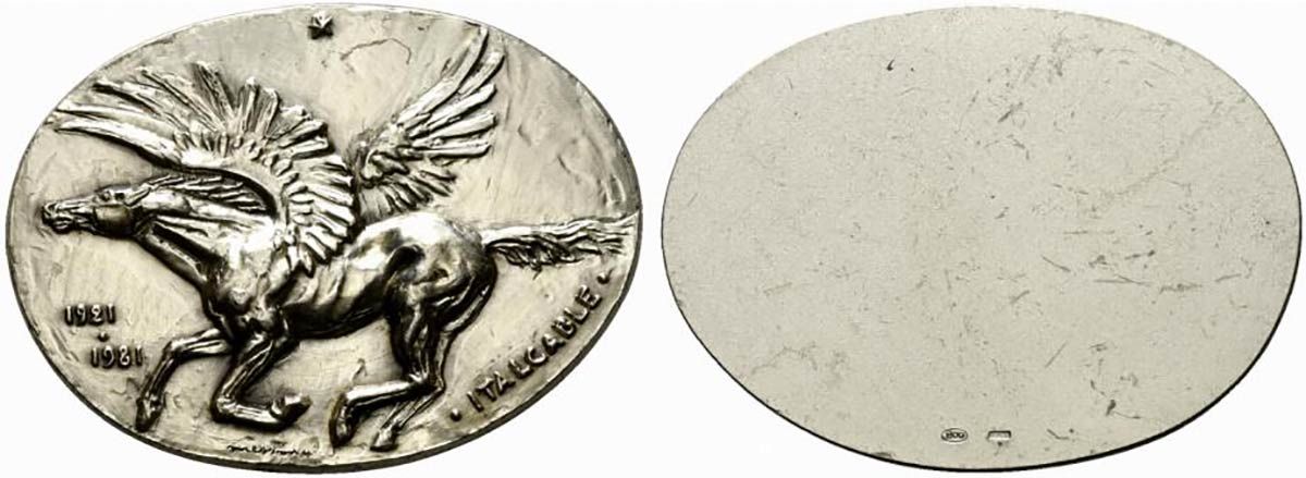 Null ITALCABLE.1921-1981年纪念章。银质（54.42克-41x57毫米）。