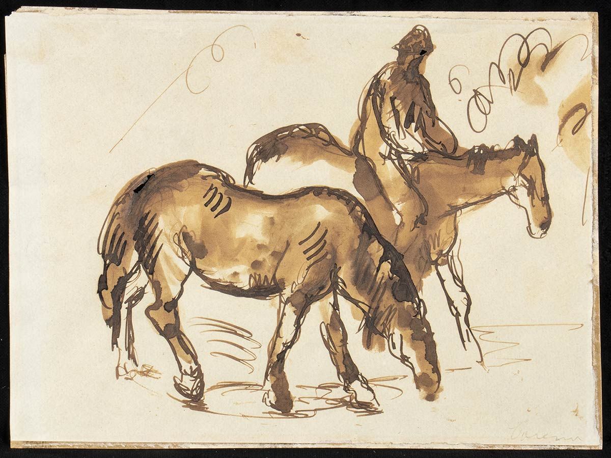 Null FELICE CARENA (Cumiana, 1879 - 威尼斯, 1966)

有两匹马的男人
棕色墨水和水彩墨水，17 x 23 cm
右下方&hellip;