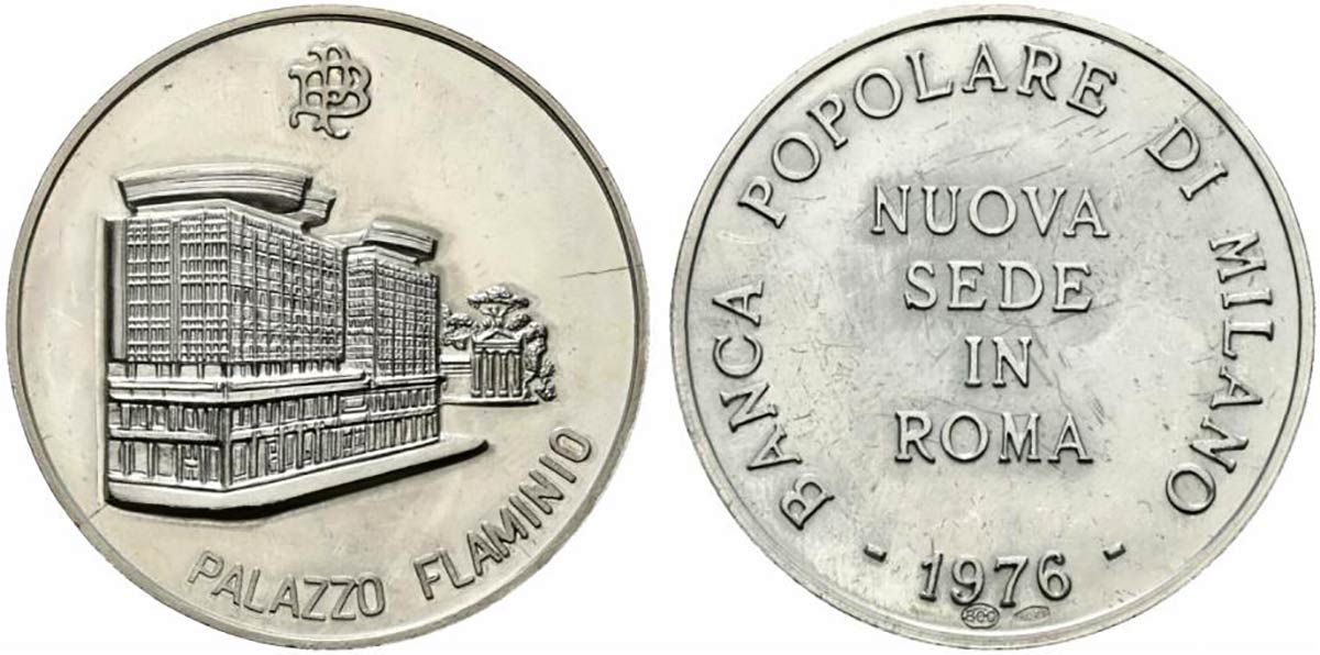 Null 罗马。庆祝米兰人民银行新址在弗拉米尼奥宫的落成典礼。银质（23.9克-40.2毫米）。