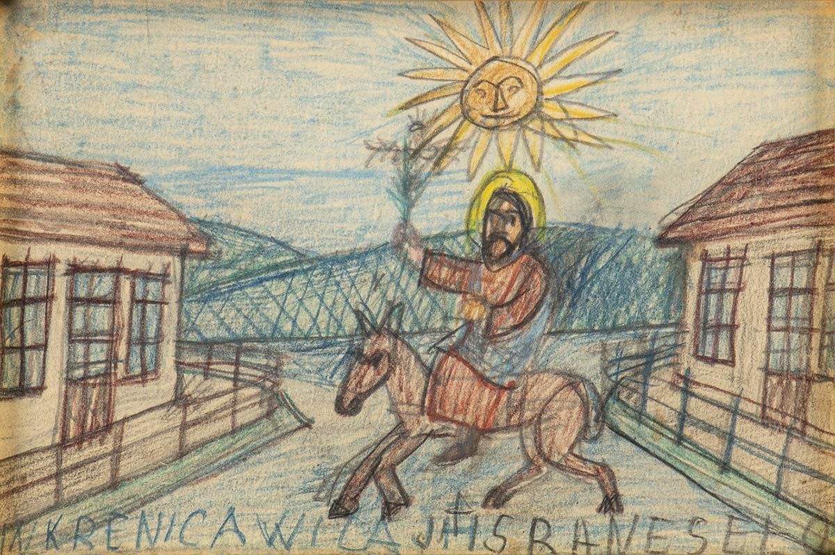 Null NIKIFOR KRYNICKI (Krynica-Zdrój, 1895 - Folusz, 1968)

耶稣进入耶路撒冷
纸上彩色铅笔，14 x&hellip;