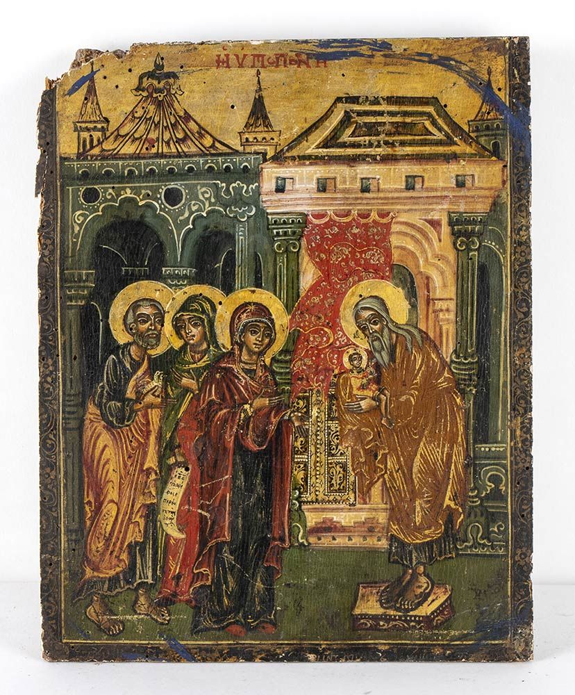 Null 俄罗斯圣殿中的玛丽亚圣像 - 17世纪

木头上的蛋彩画，描绘了圣殿中的玛丽亚圣像。尺寸为28.5 x 22.5 x 2.3厘米。项目状况分级。***&hellip;