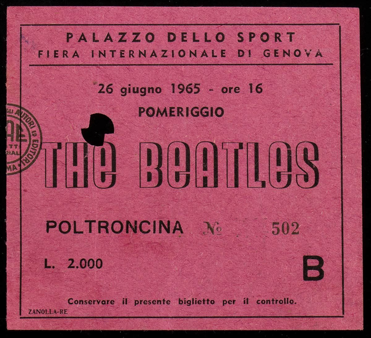 The Beatles: Genoa concert ticket, June 26, 1965 Eintrittskarte für das Konzert &hellip;