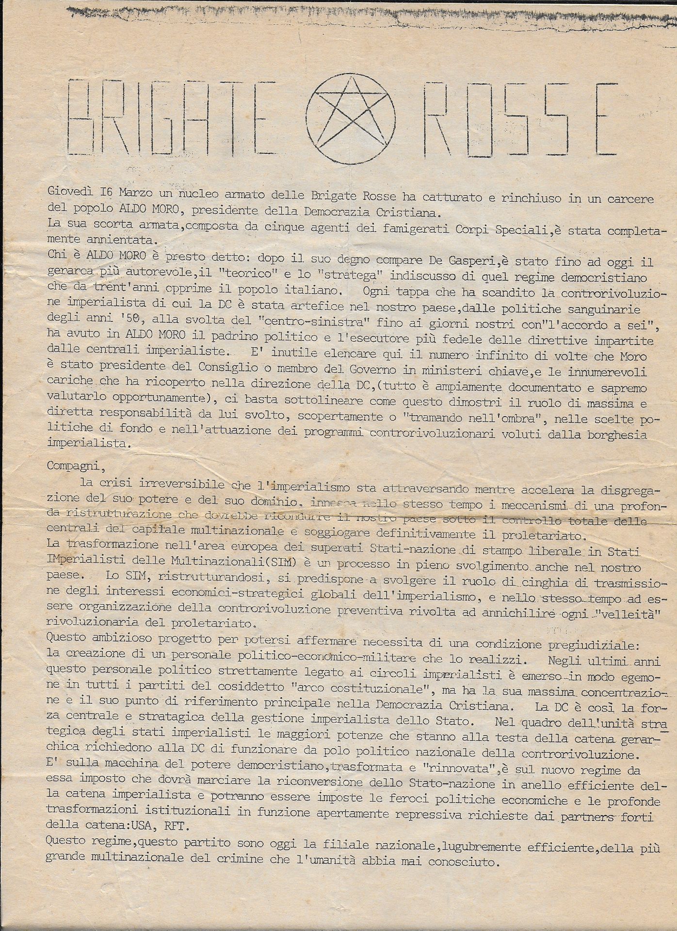 MORO, Aldo (Maglie, 23 settembre 1916 – Roma, 9 maggio 1978): RED BRIGADE leafle&hellip;