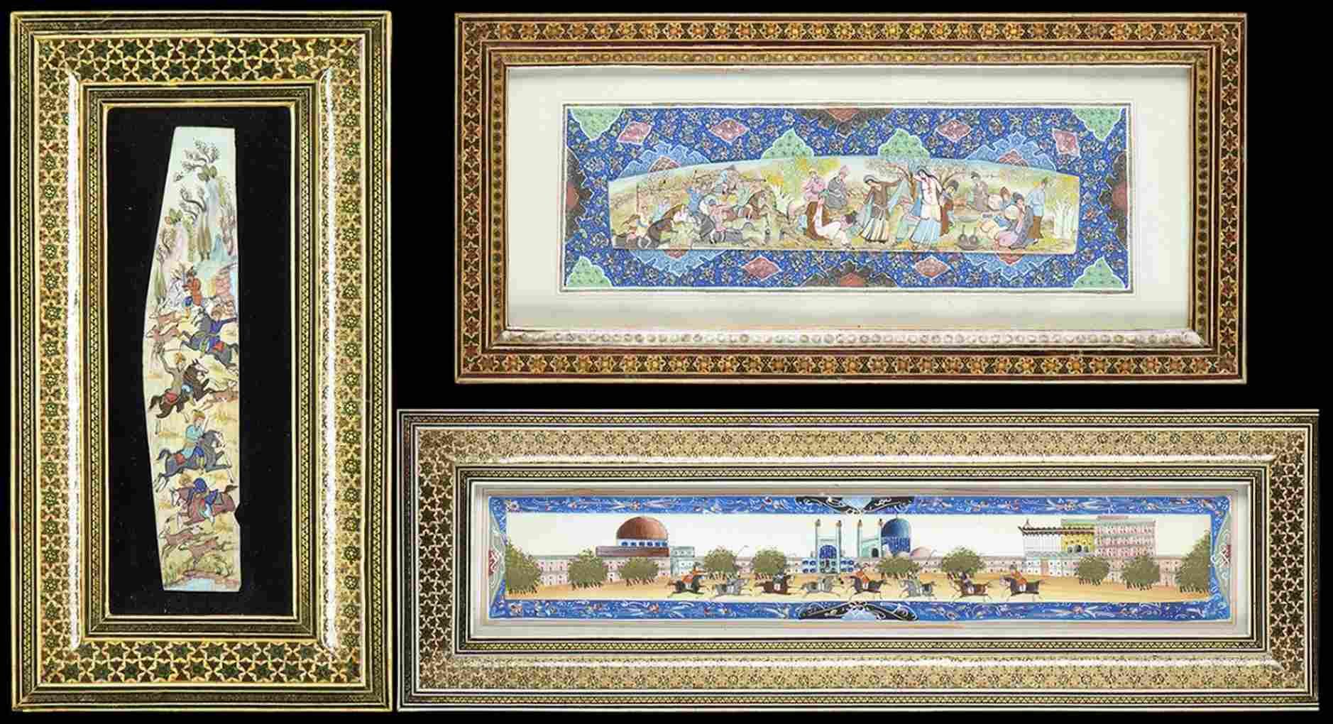 THREE COLOURS ON BONE PAINTINGS 骨头画上的三种颜色

伊朗，19-20世纪

每个都有木框和保护玻璃。

最大的是17 x 52&hellip;