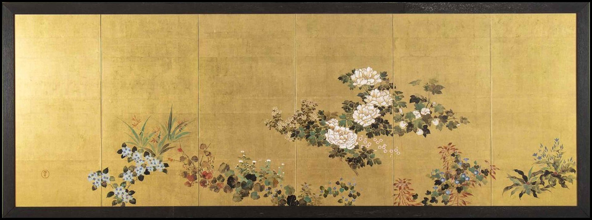 AN INK, COLOURS AND GOLD LEAF ON PAPER SIX-PANEL SCREEN WITH FLOWERS OF THE FOUR&hellip;