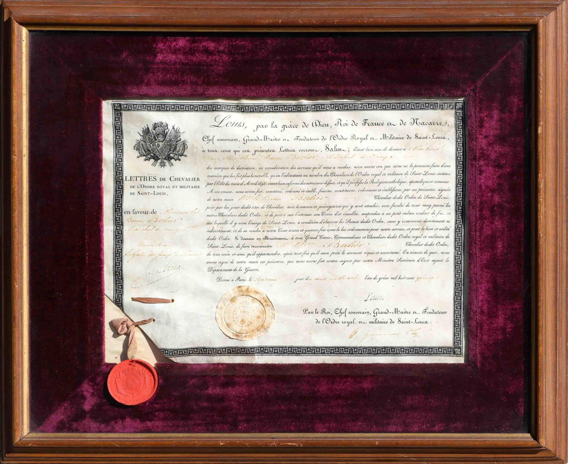 Null 圣路易骑士勋章证书，以贝里埃男爵（1769-1821）的名义，营地元帅（1815）。

牛皮纸上，有红色蜡封

带有法国伟大武器的干式邮票

战争部长&hellip;