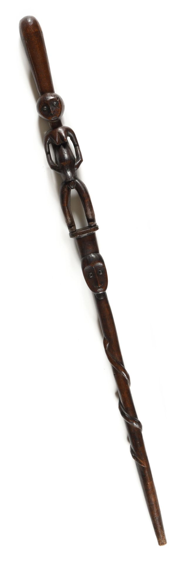 Null 部落首领的手杖：蛇，长有山羊胡子的头，年轻女子站着。雕刻的木头

刚果

出处：霍夫曼博士的旧藏
