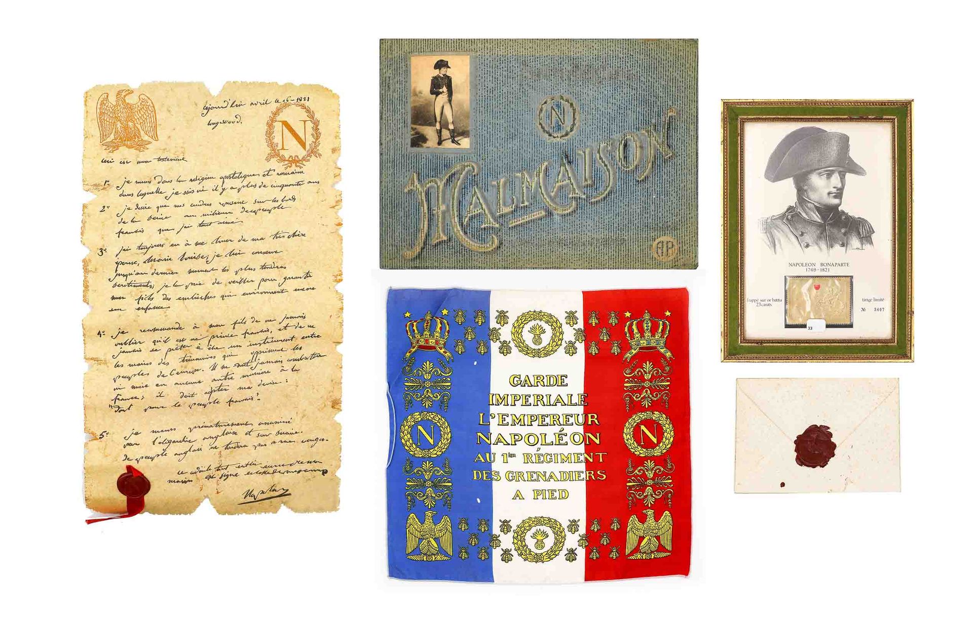 Null Set von Souvenirs mit Bezug auf den Kaiser Napoleon I. 

- Briefmarke auf g&hellip;