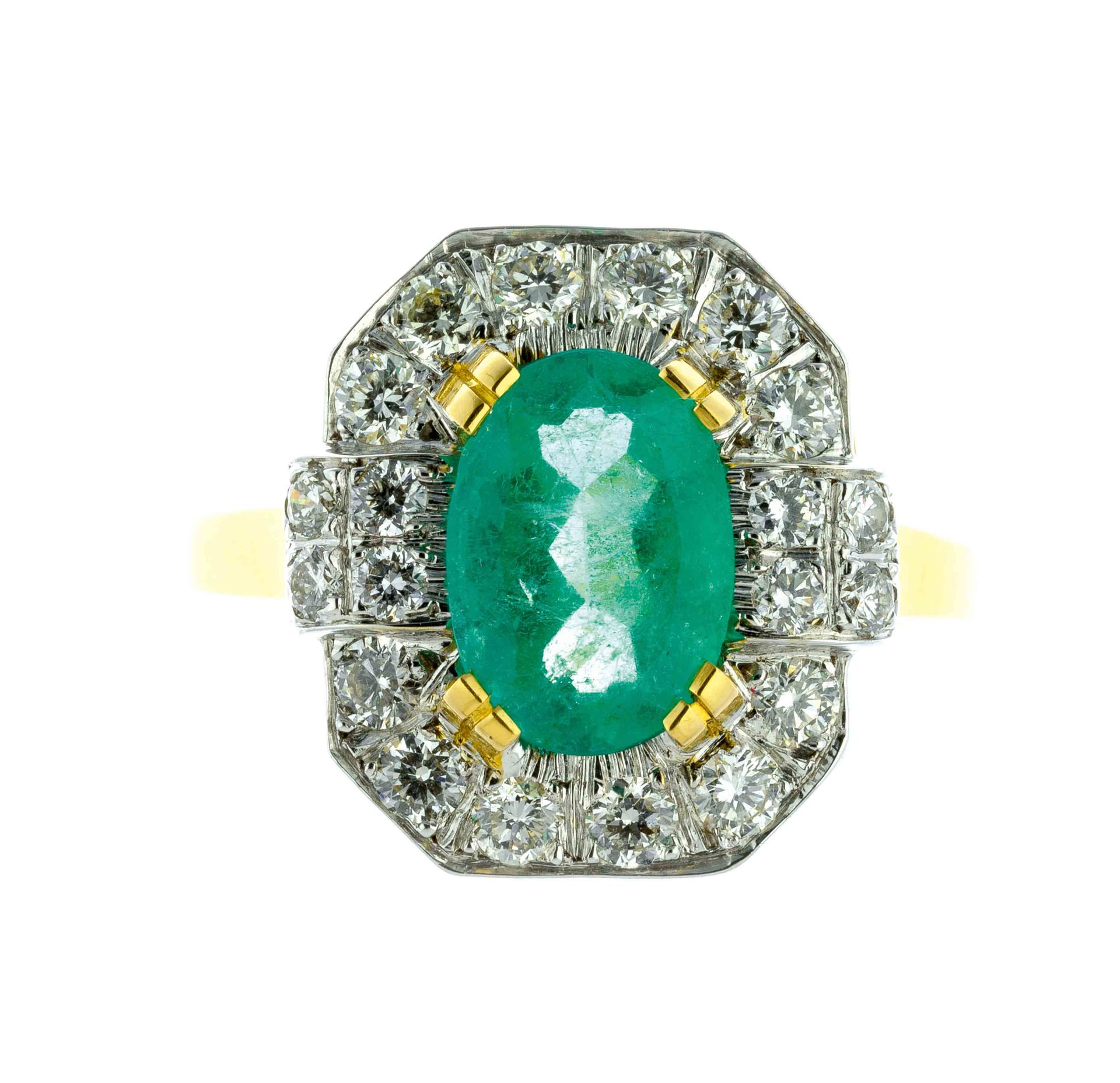 Null Anello a taglio rettangolare in oro bicolore centrato da uno smeraldo ovale&hellip;