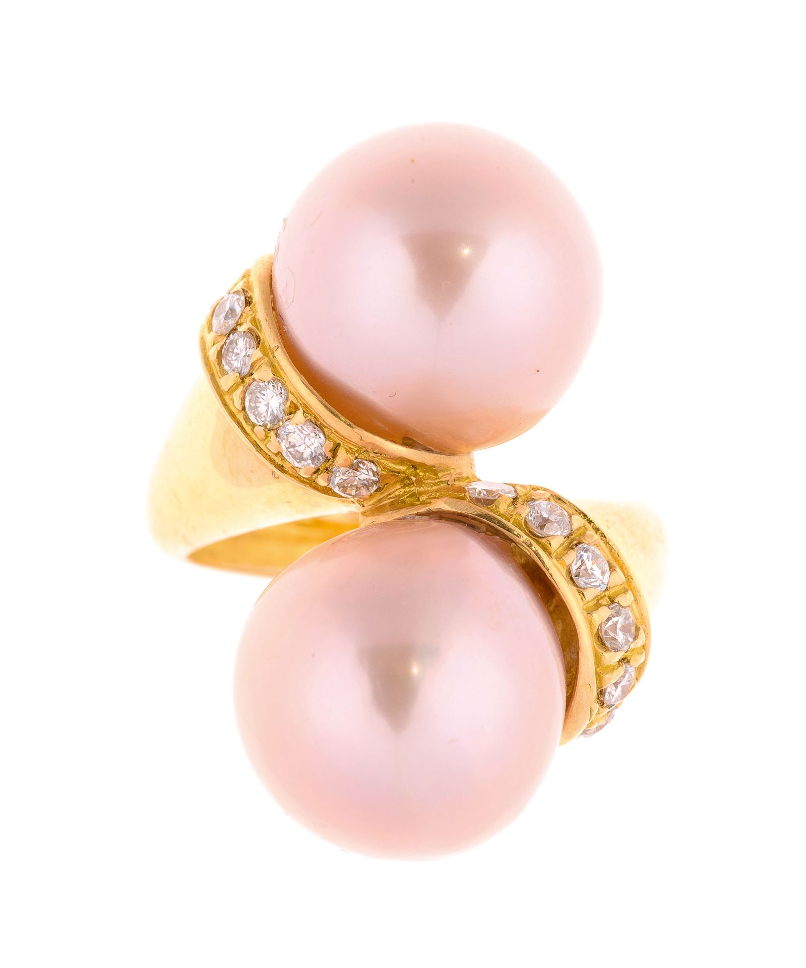 Null Toi et moi金戒指，镶有两颗南海珍珠（12毫米），用钻石镶嵌 - 毛重：14.8克