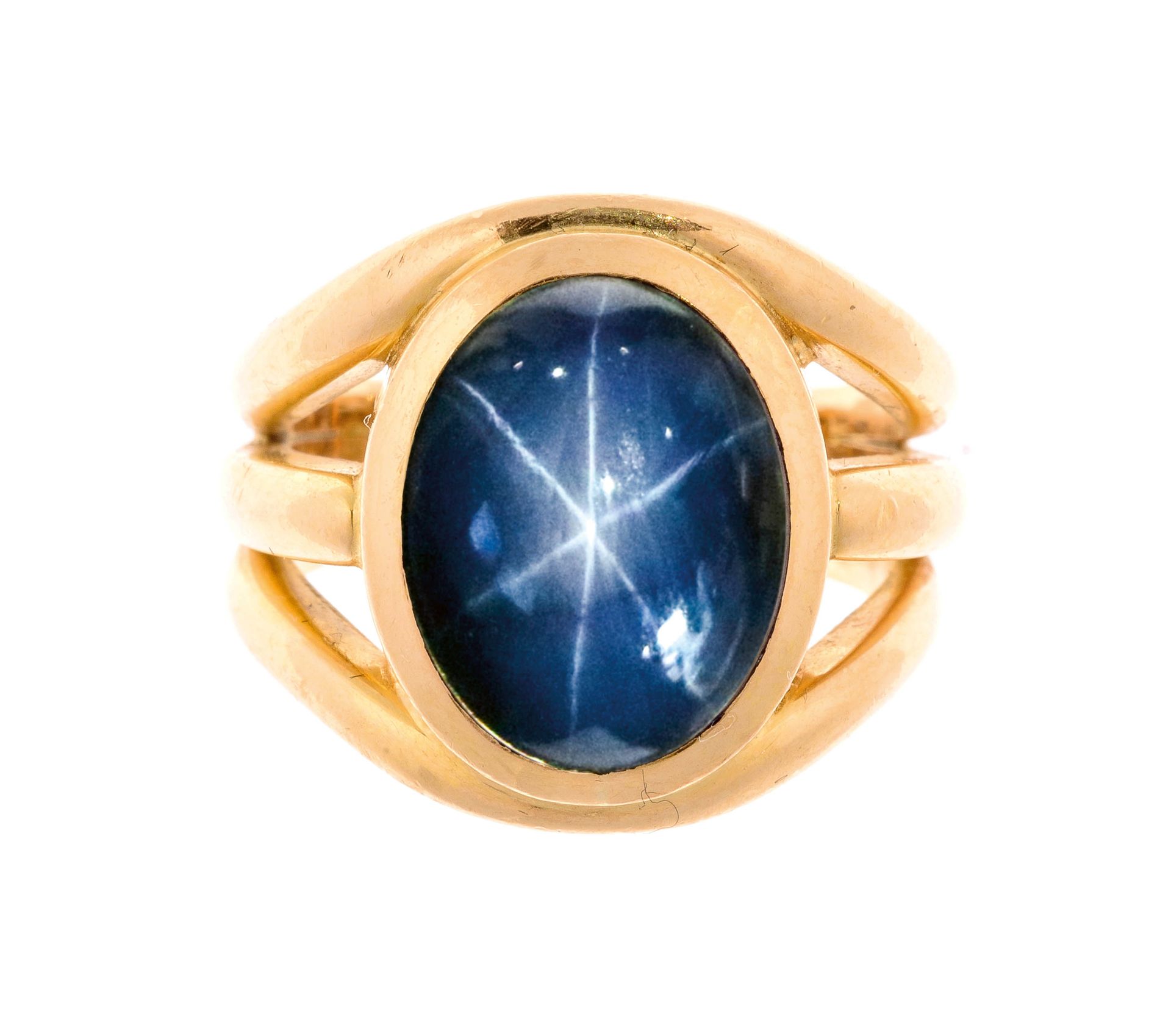 Null 凸圆形6角星蓝宝石为中心的金戒指 - 约9.2克拉 - 毛重：13.6克