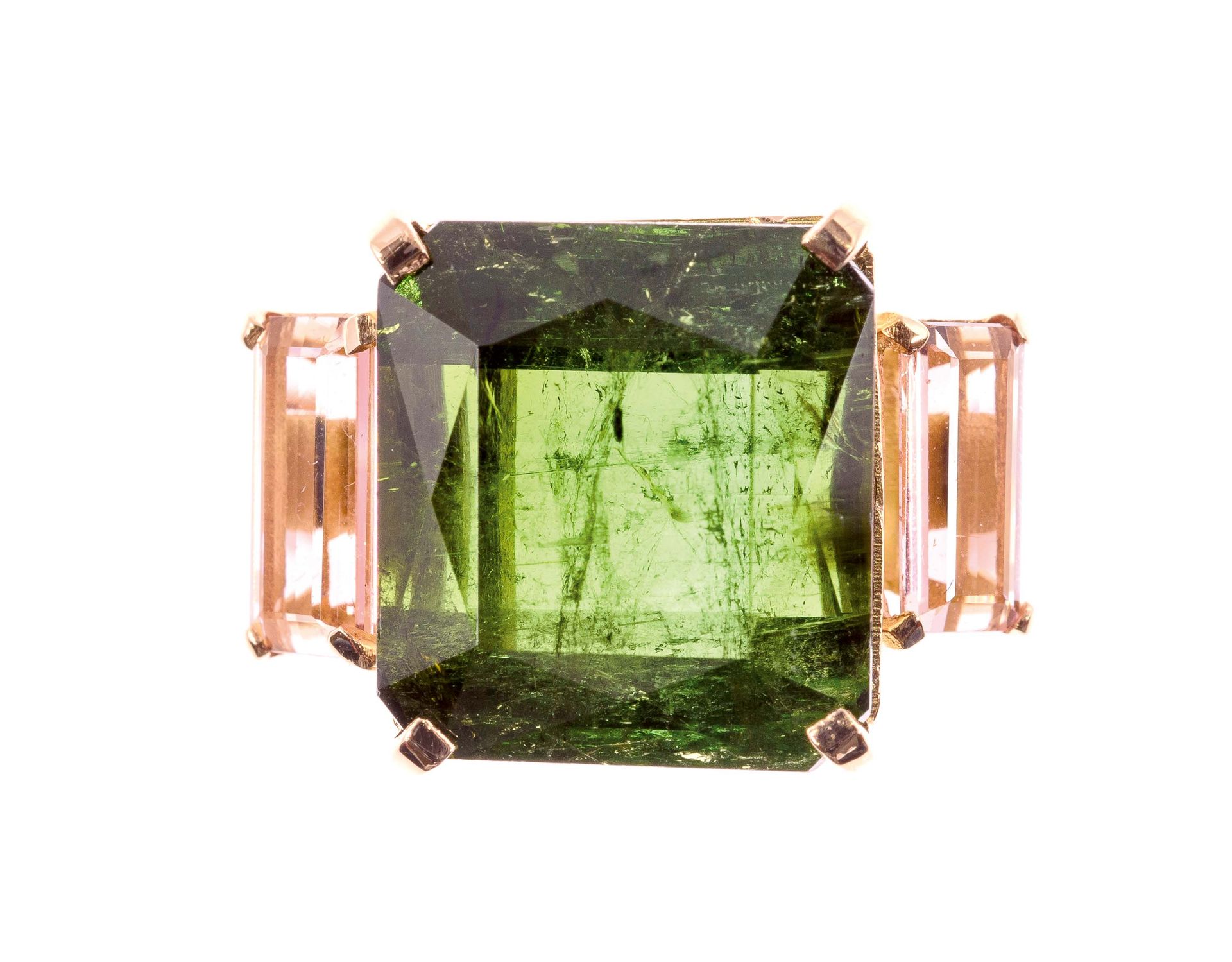 Null Pink gold ring centered on an emerald-cut green tourmaline weighing approxi&hellip;