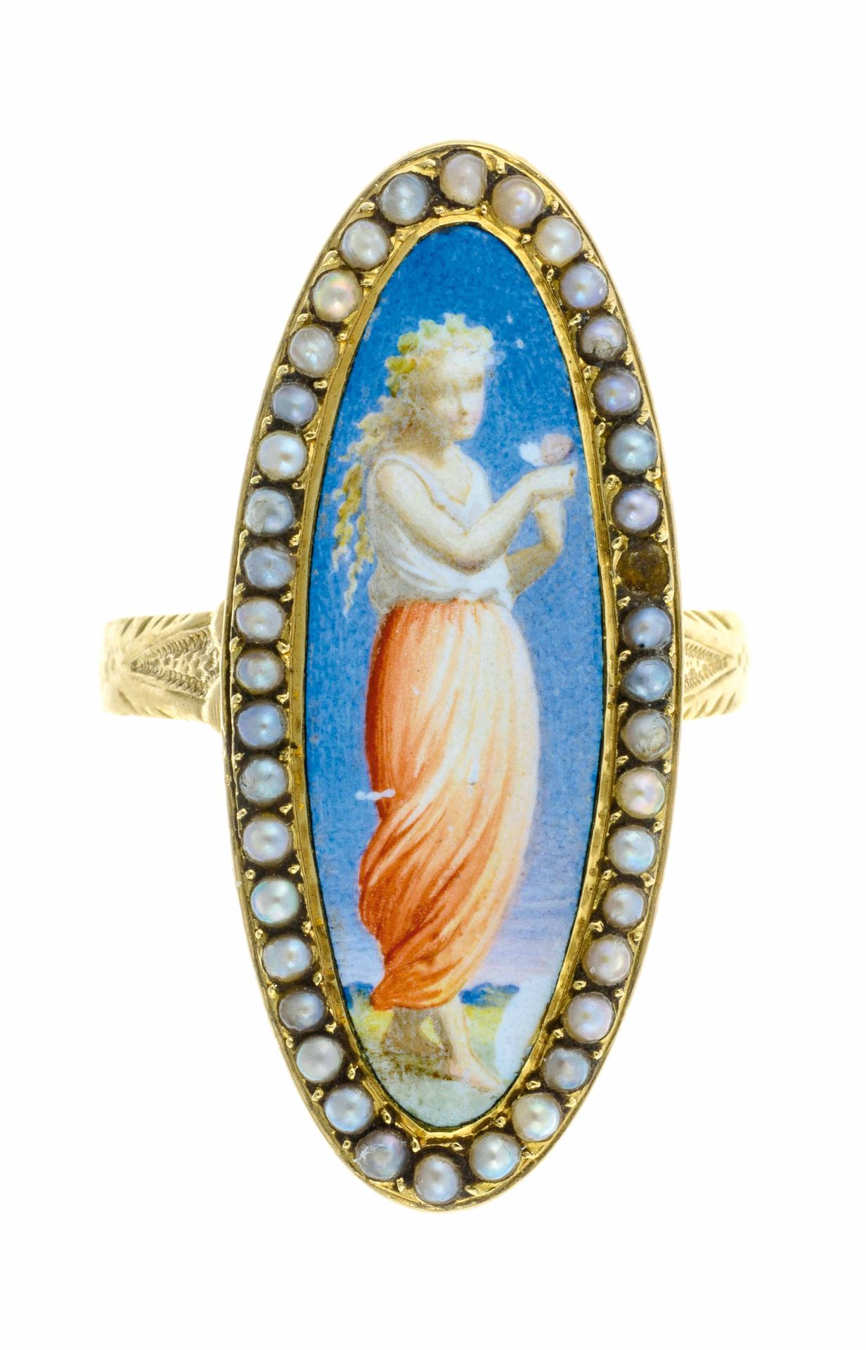 Null 镶有珍珠框架的珐琅小品的金戒指，上面有一个带蝴蝶的年轻女孩 - 毛重：4.4克 - 标记