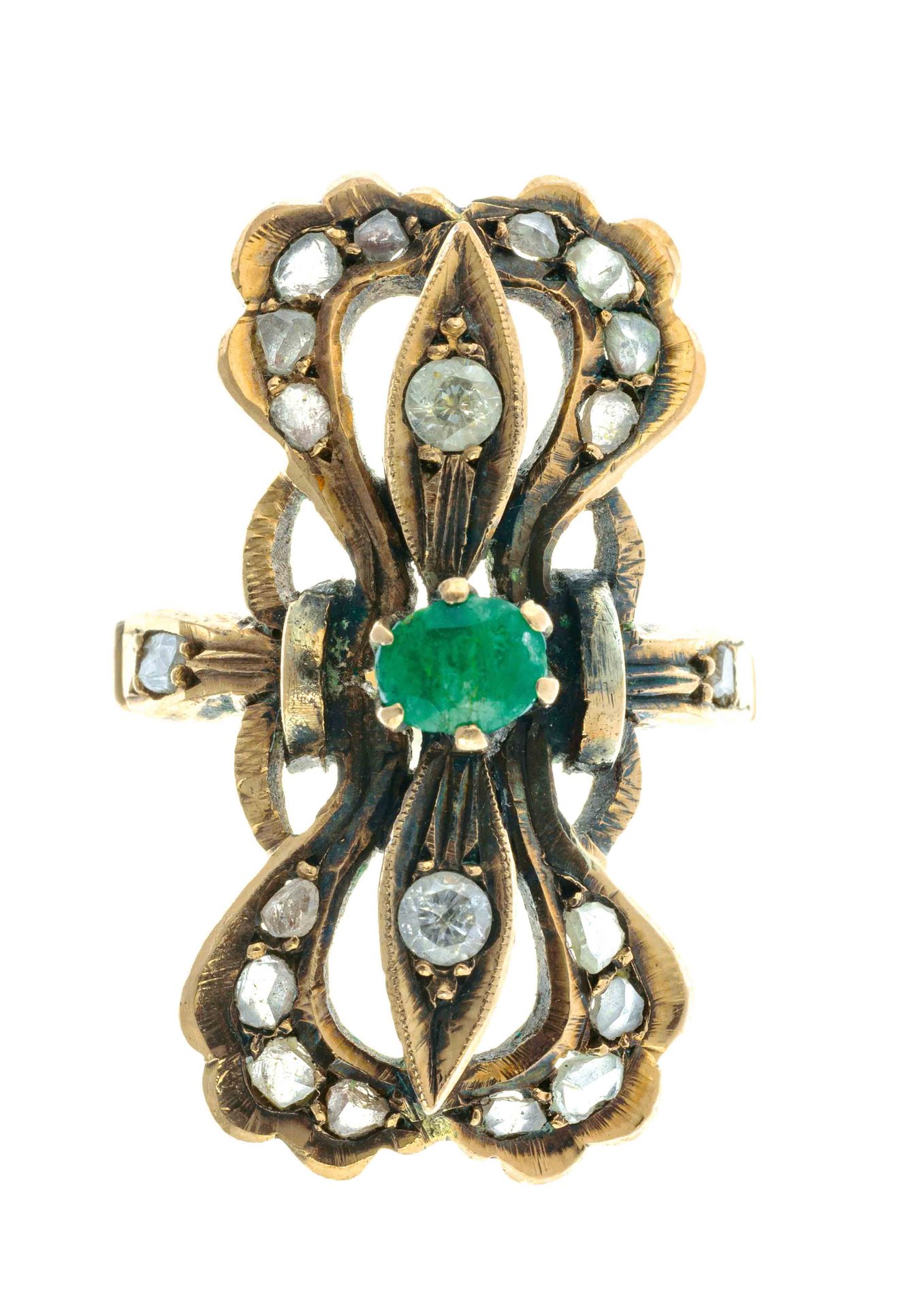 Null 镶嵌绿宝石和钻石的金银戒指 - 毛重：6.6克